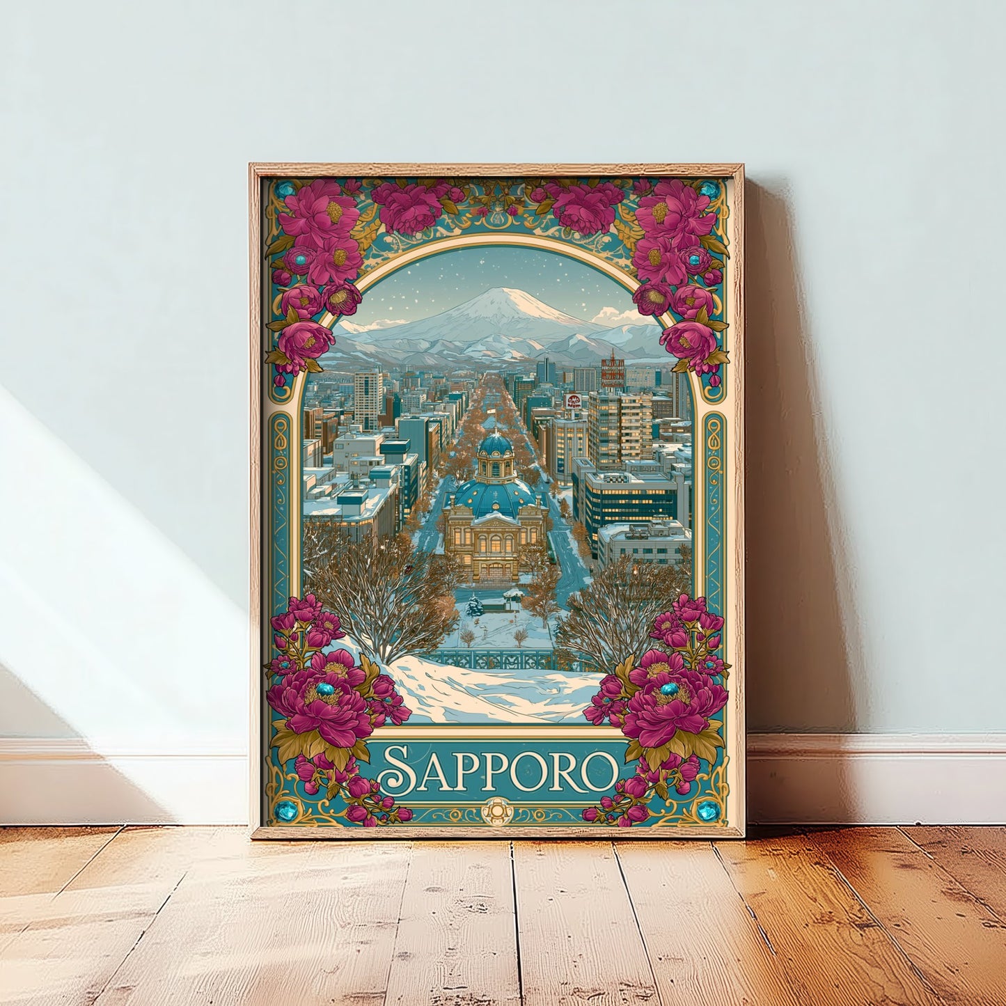Sapporo Japan Travel Poster - Art Nouveau Illustration - Snowy Mountain Art Print - Winter City Visit 2/3