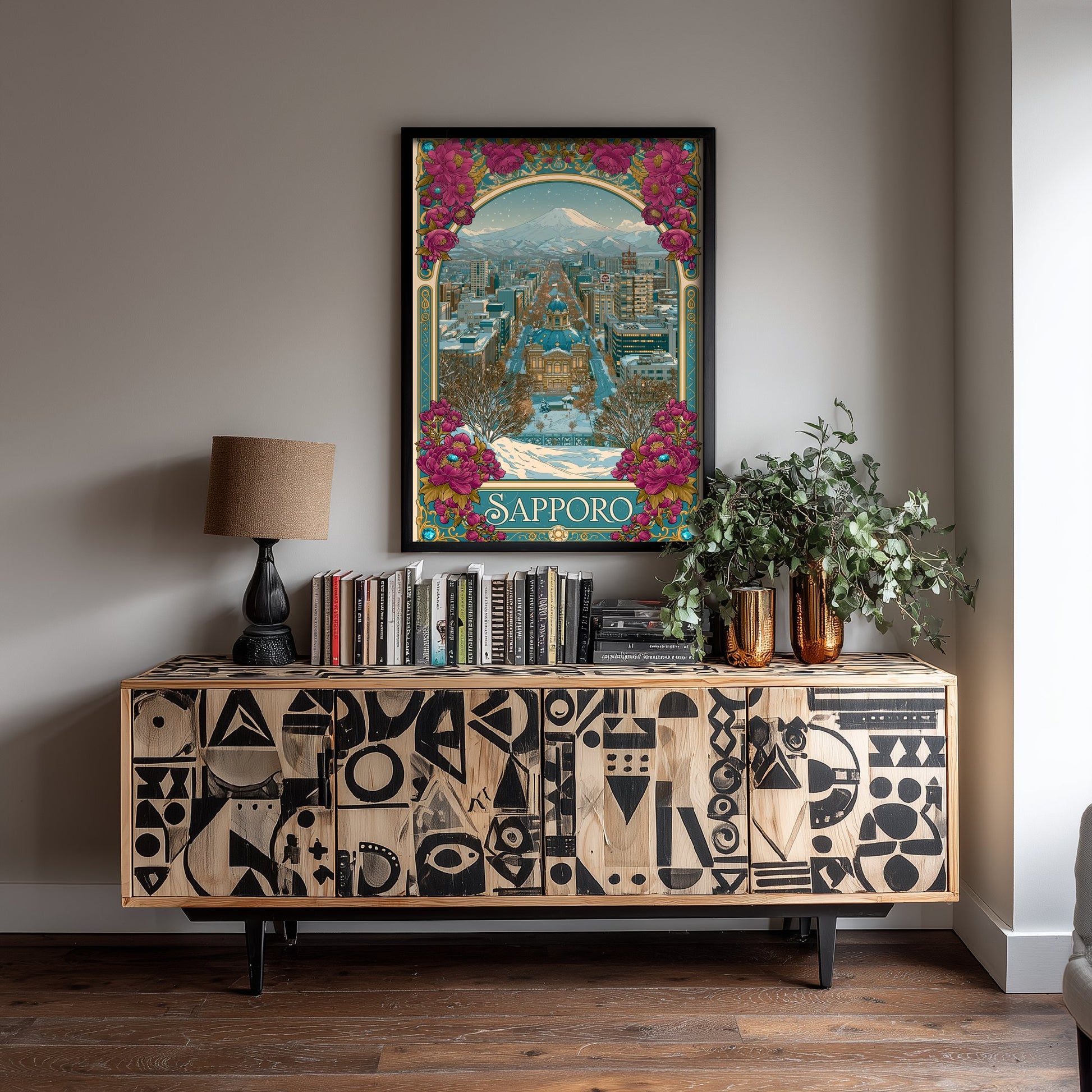 Sapporo Japan Travel Poster - Art Nouveau Illustration - Snowy Mountain Art Print - Winter City Visit 2/3