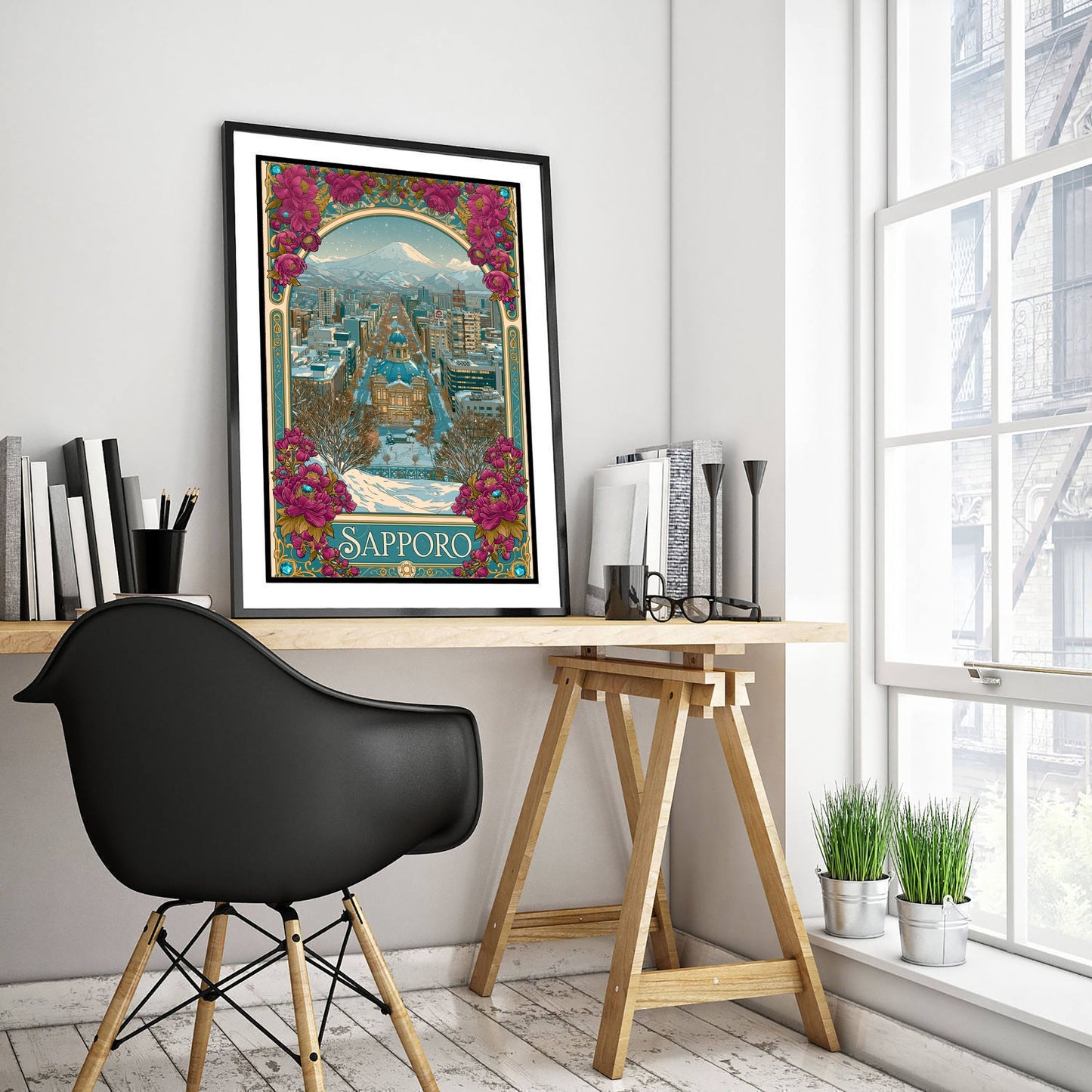 Sapporo Japan Travel Poster - Art Nouveau Illustration - Snowy Mountain Art Print - Winter City Visit 2/3