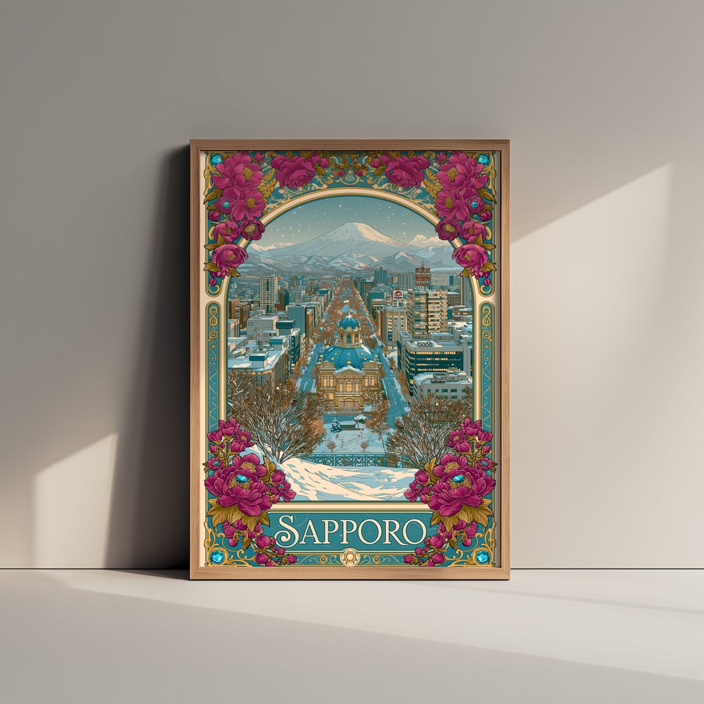 Sapporo Japan Travel Poster - Art Nouveau Illustration - Snowy Mountain Art Print - Winter City Visit 2/3