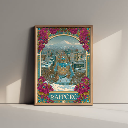 Sapporo Japan Travel Poster - Art Nouveau Illustration - Snowy Mountain Art Print - Winter City Visit 2/3