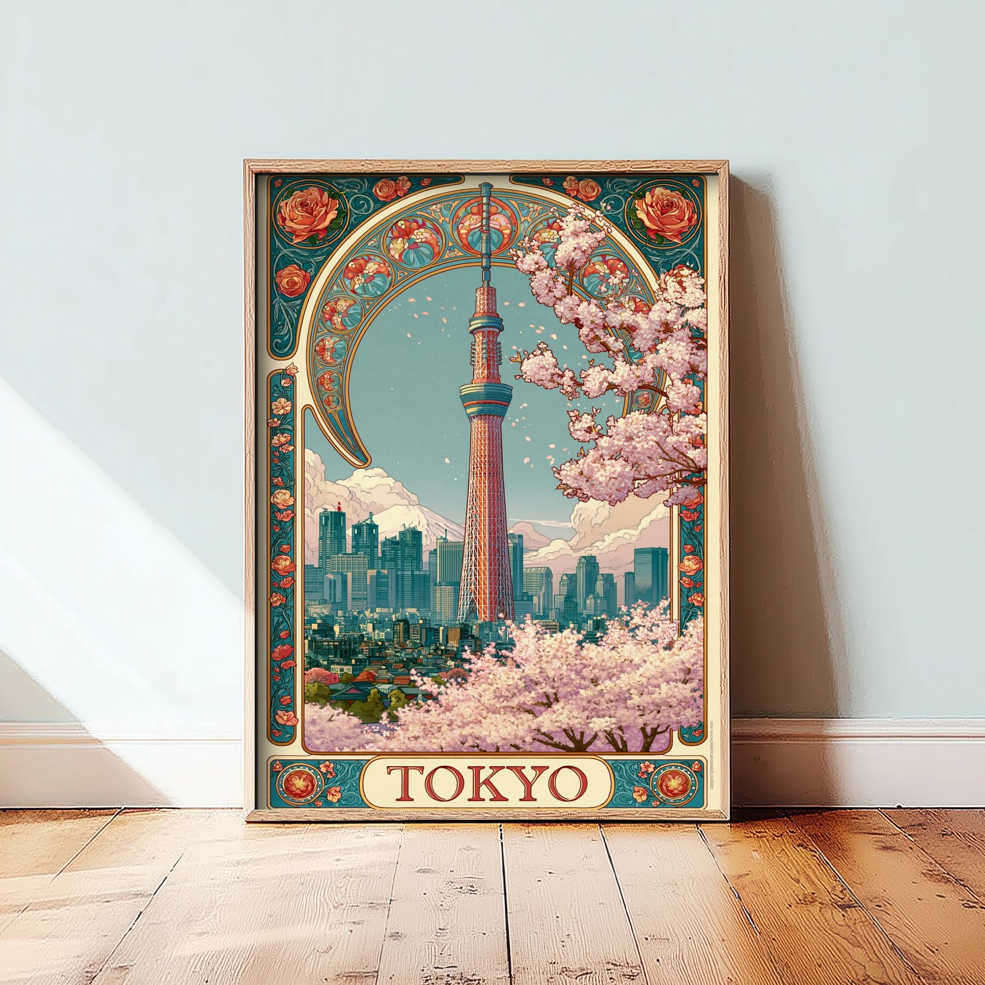 Tokyo Japan Travel Poster - Art Nouveau Illustration - Skytree Cherry Blossom Art Print - Visit Skyline 3/3