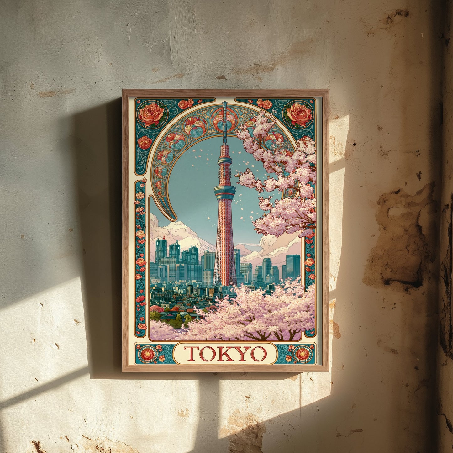 Tokyo Japan Travel Poster - Art Nouveau Illustration - Skytree Cherry Blossom Art Print - Visit Skyline 3/3