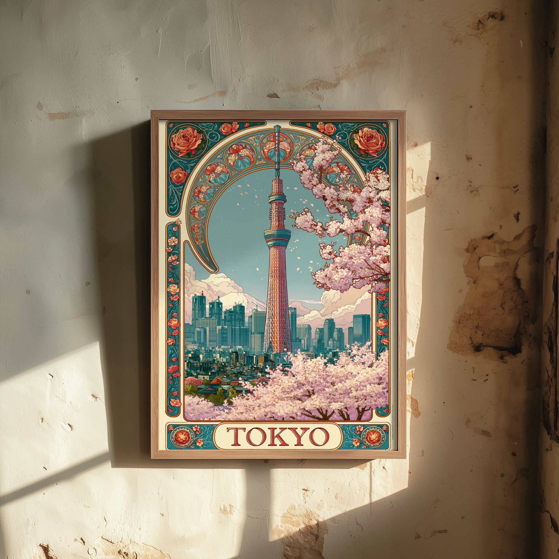 Tokyo Japan Travel Poster - Art Nouveau Illustration - Skytree Cherry Blossom Art Print - Visit Skyline 3/3