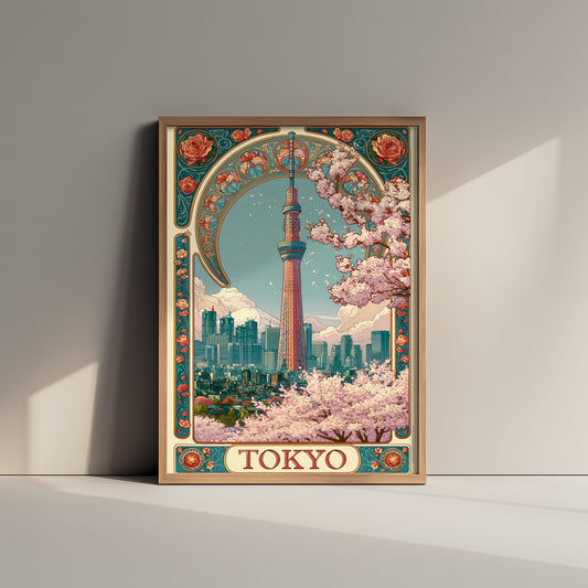 Tokyo Japan Travel Poster - Art Nouveau Illustration - Skytree Cherry Blossom Art Print - Visit Skyline 3/3