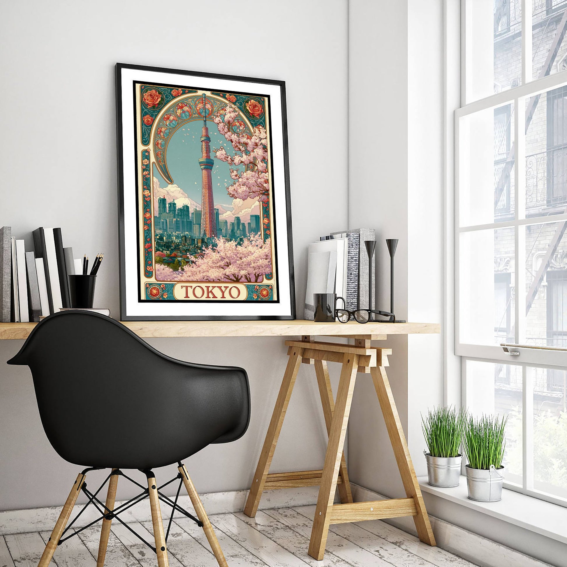 Tokyo Japan Travel Poster - Art Nouveau Illustration - Skytree Cherry Blossom Art Print - Visit Skyline 3/3