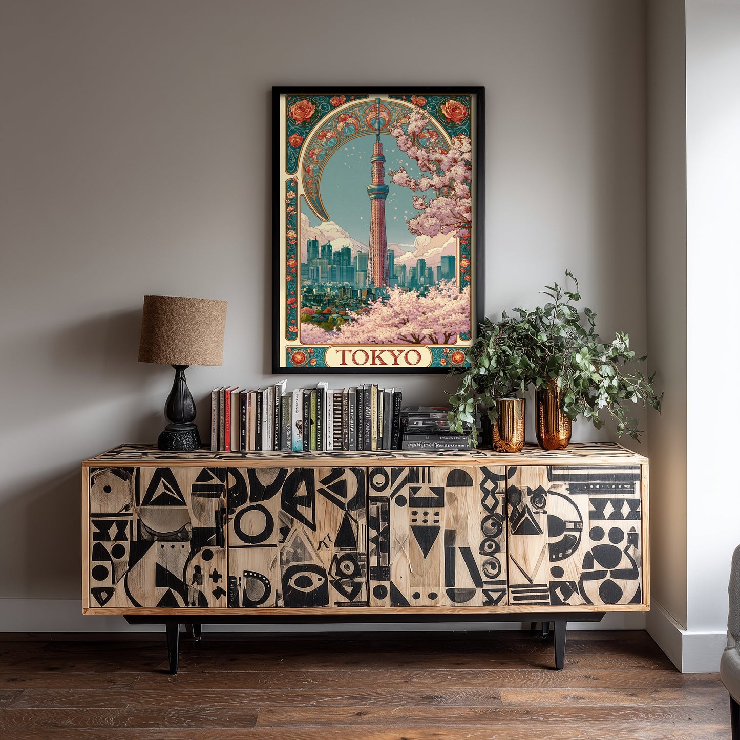 Tokyo Japan Travel Poster - Art Nouveau Illustration - Skytree Cherry Blossom Art Print - Visit Skyline 3/3