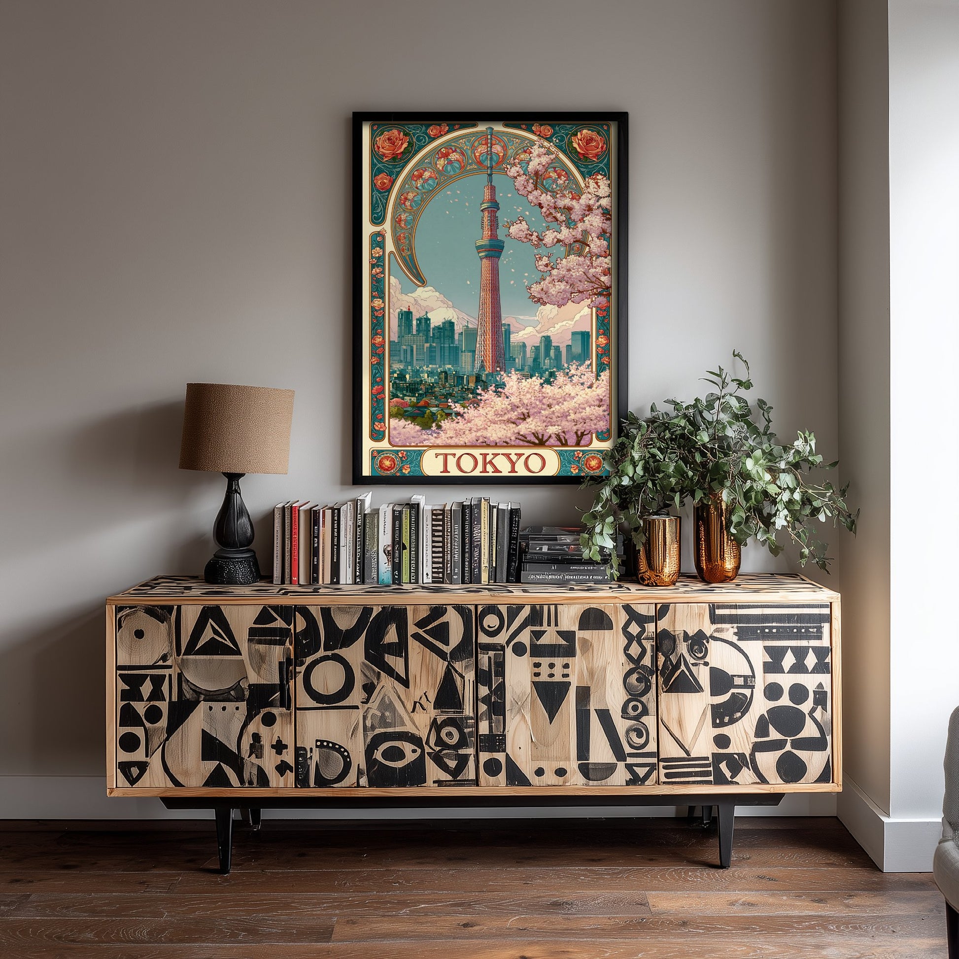 Tokyo Japan Travel Poster - Art Nouveau Illustration - Skytree Cherry Blossom Art Print - Visit Skyline 3/3