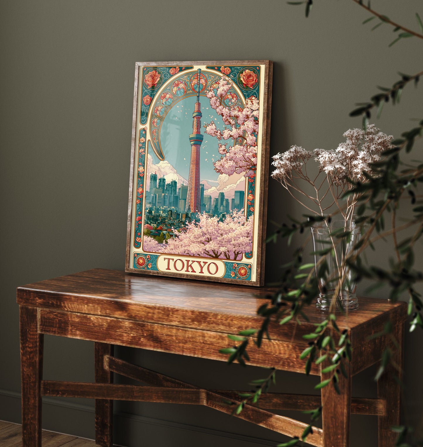 Tokyo Japan Travel Poster - Art Nouveau Illustration - Skytree Cherry Blossom Art Print - Visit Skyline 3/3