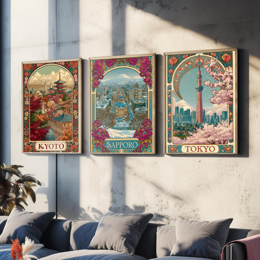 Japan Set of Three Art Nouveau Travel Posters - Kyoto, Sapporo, Tokyo - Vintage Japanese Art Print Illustration Gift Decor