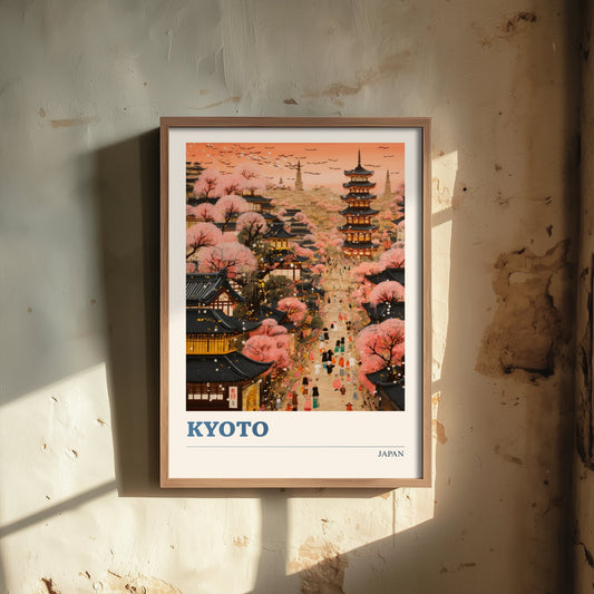Kyoto Japan Travel Poster - Cherry Blossom Art Print - Vibrant Cityscape Illustration - Pagoda Sakura Visit 2/3