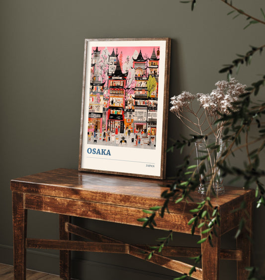 Osaka Japan Travel Poster - Folk Art Print - Street Scene Illustration - Naive Japanese Cityscape Wall Art 3/3
