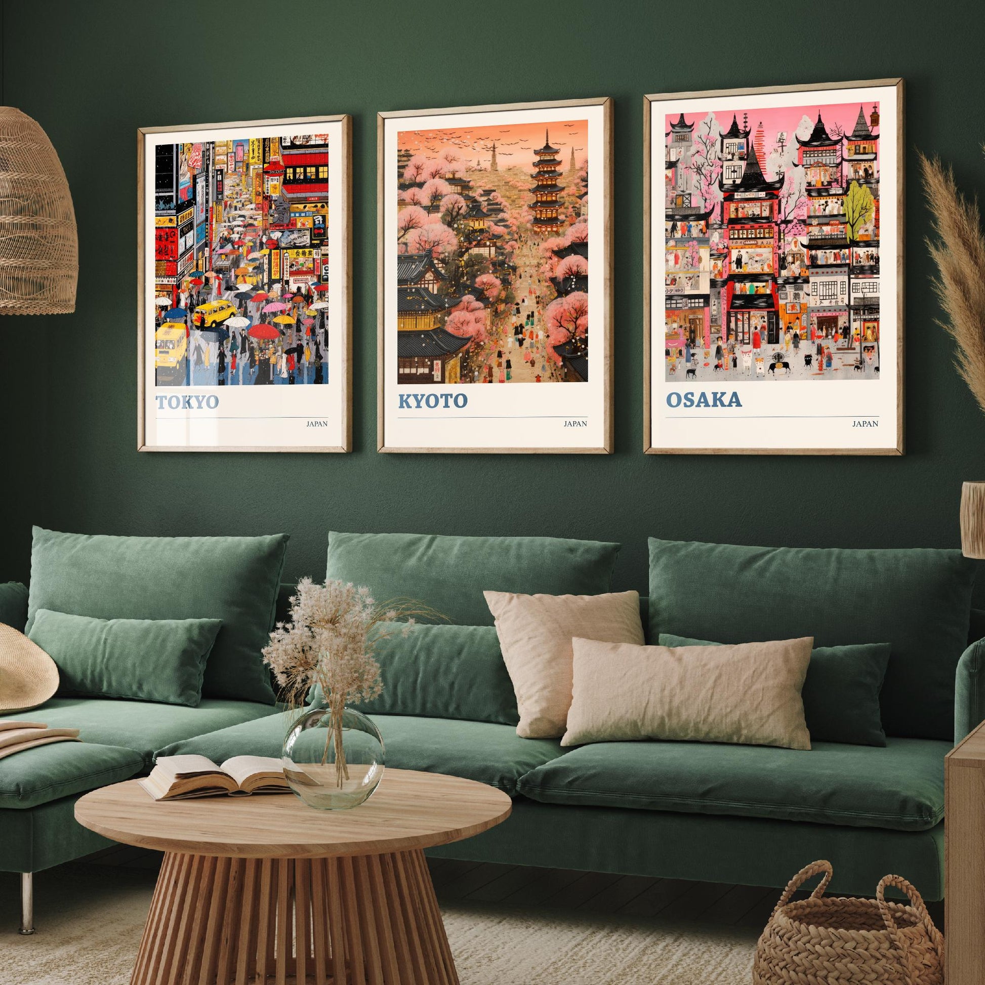 Japan Set of Three Travel Posters - Tokyo, Kyoto, Osaka - Vibrant Japanese Art Print Illustration Gift Cherry Blossom Painting