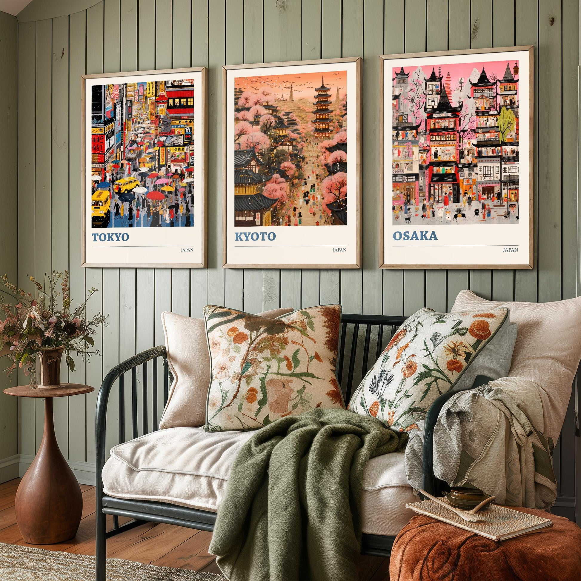 Japan Set of Three Travel Posters - Tokyo, Kyoto, Osaka - Vibrant Japanese Art Print Illustration Gift Cherry Blossom Painting