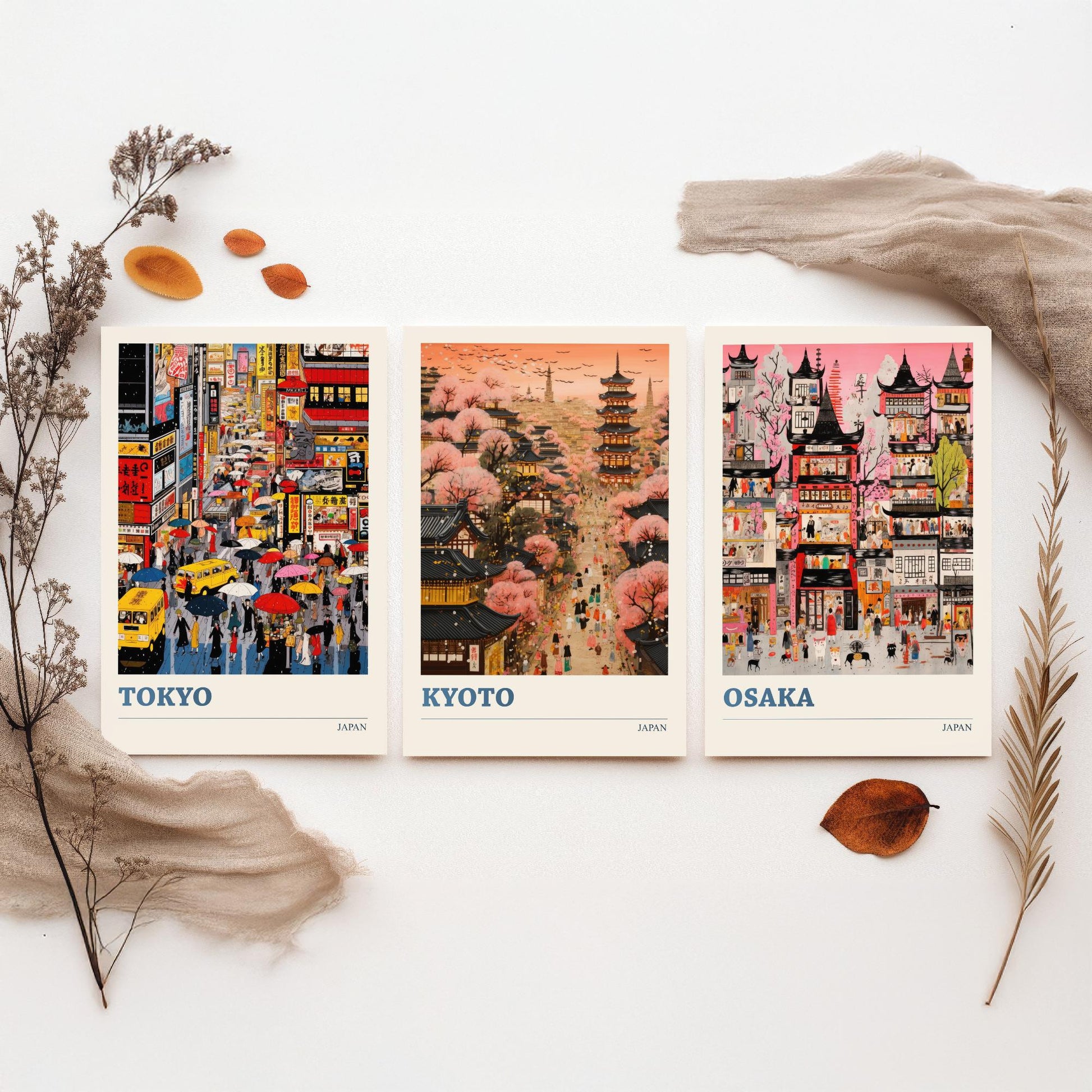Japan Set of Three Travel Posters - Tokyo, Kyoto, Osaka - Vibrant Japanese Art Print Illustration Gift Cherry Blossom Painting