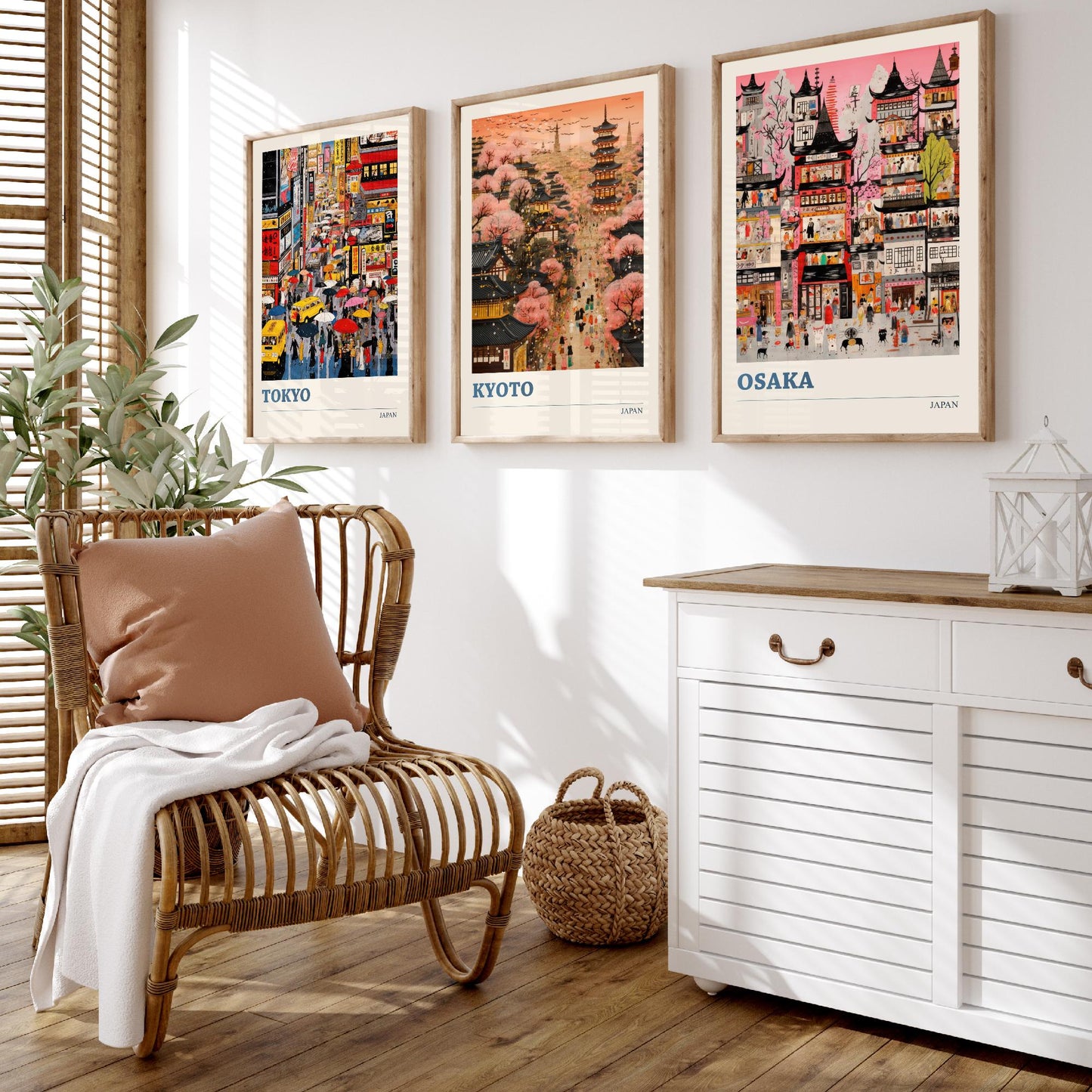 Japan Set of Three Travel Posters - Tokyo, Kyoto, Osaka - Vibrant Japanese Art Print Illustration Gift Cherry Blossom Painting