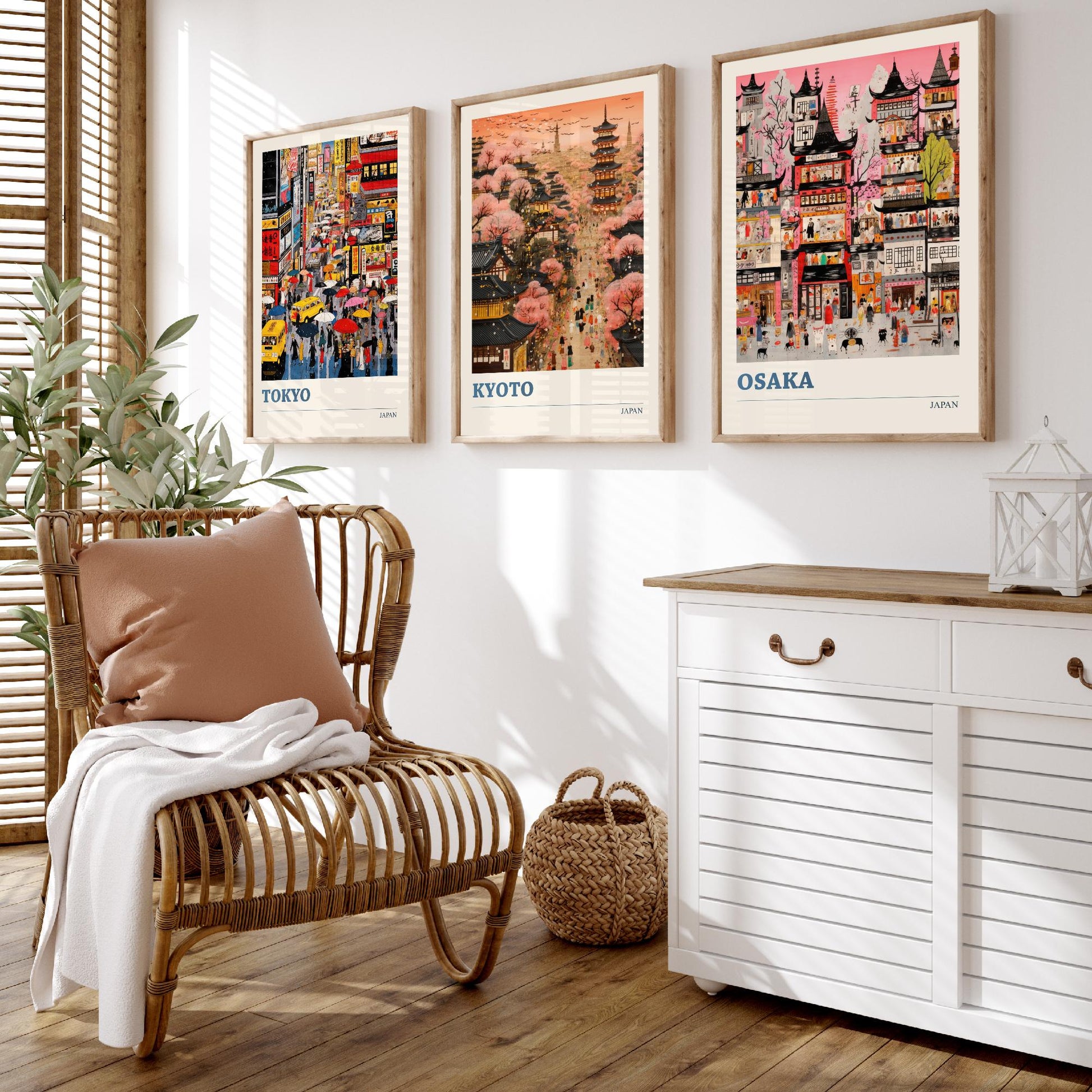 Japan Set of Three Travel Posters - Tokyo, Kyoto, Osaka - Vibrant Japanese Art Print Illustration Gift Cherry Blossom Painting