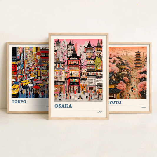 Japan Set of Three Travel Posters - Tokyo, Kyoto, Osaka - Vibrant Japanese Art Print Illustration Gift Cherry Blossom Painting