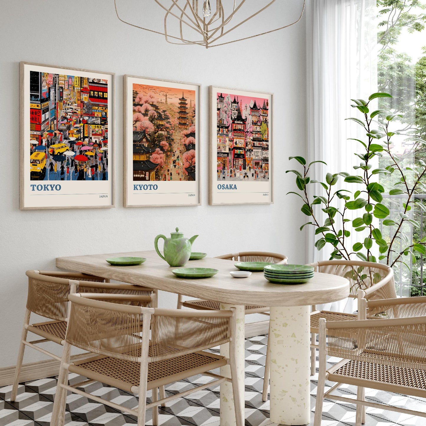 Japan Set of Three Travel Posters - Tokyo, Kyoto, Osaka - Vibrant Japanese Art Print Illustration Gift Cherry Blossom Painting