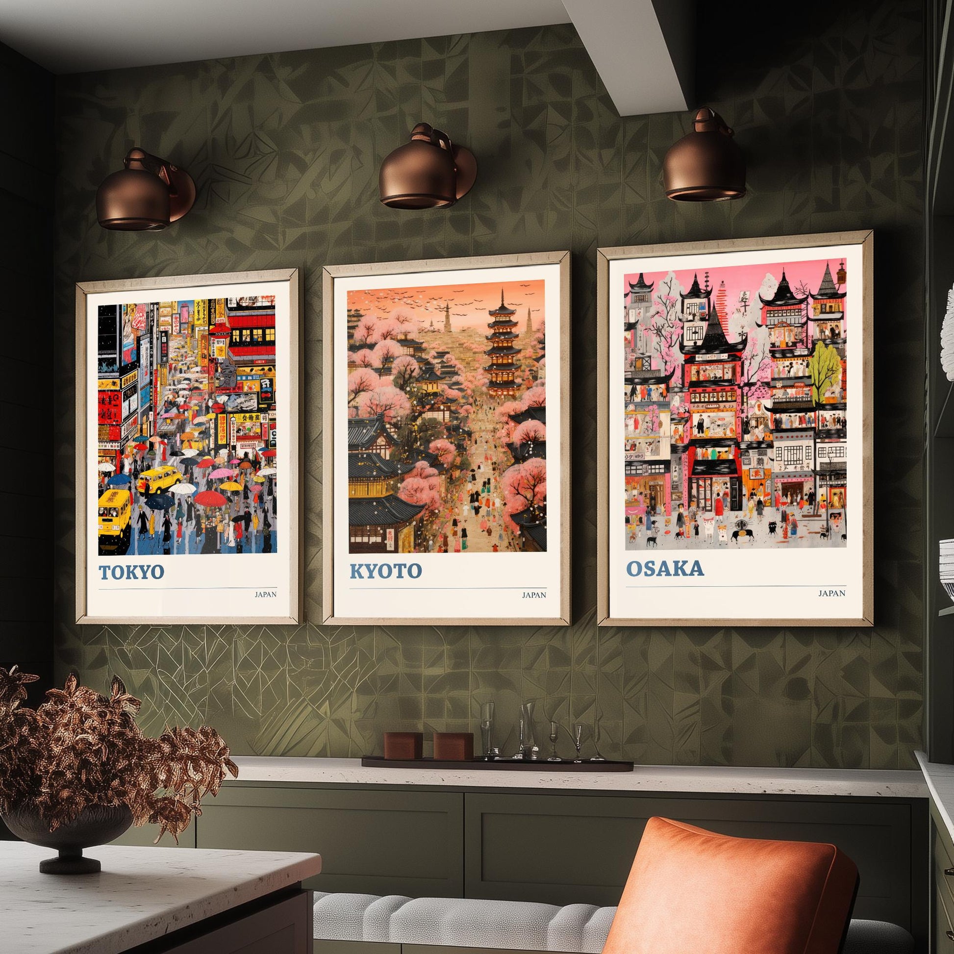 Japan Set of Three Travel Posters - Tokyo, Kyoto, Osaka - Vibrant Japanese Art Print Illustration Gift Cherry Blossom Painting