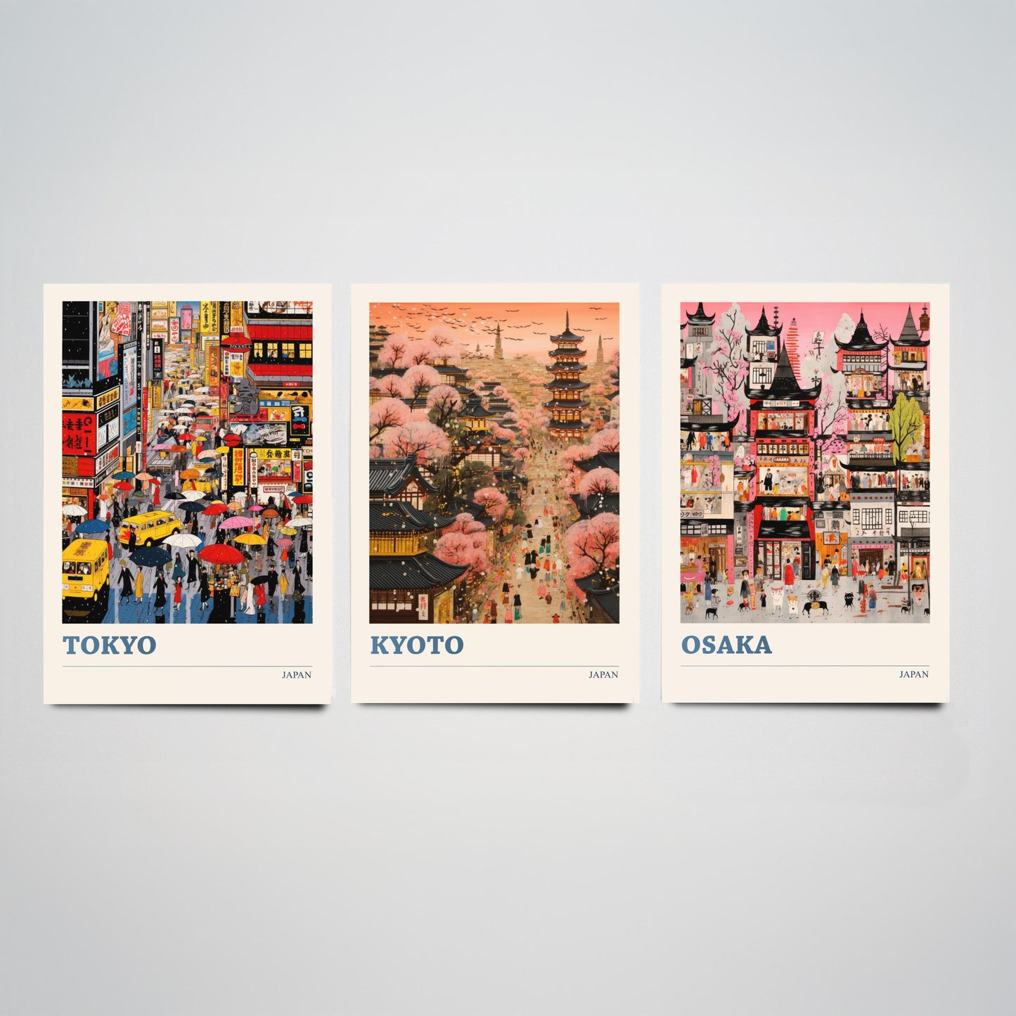 Japan Set of Three Travel Posters - Tokyo, Kyoto, Osaka - Vibrant Japanese Art Print Illustration Gift Cherry Blossom Painting