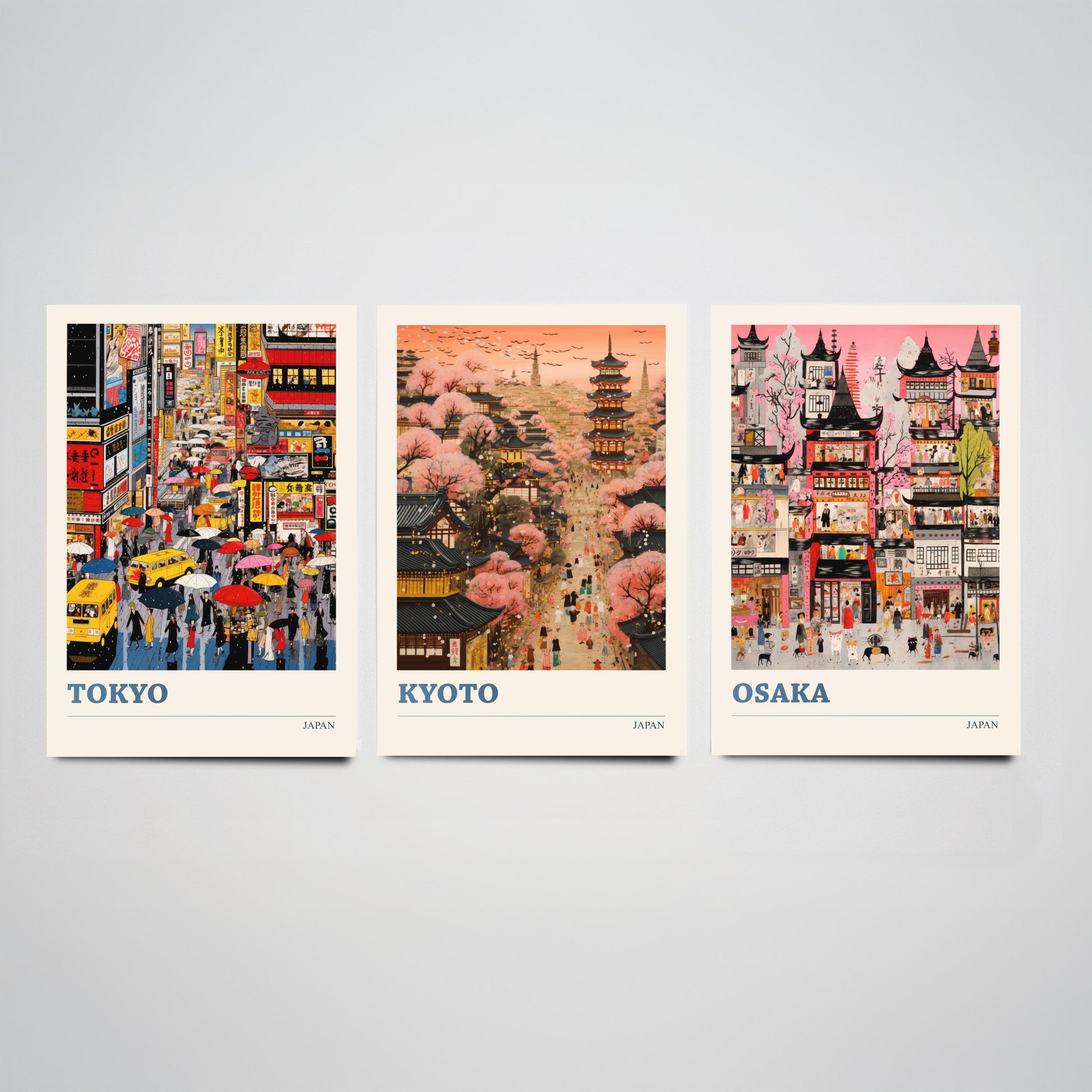 Japan Set of Three Travel Posters - Tokyo, Kyoto, Osaka - Vibrant Japanese Art Print Illustration Gift Cherry Blossom Painting
