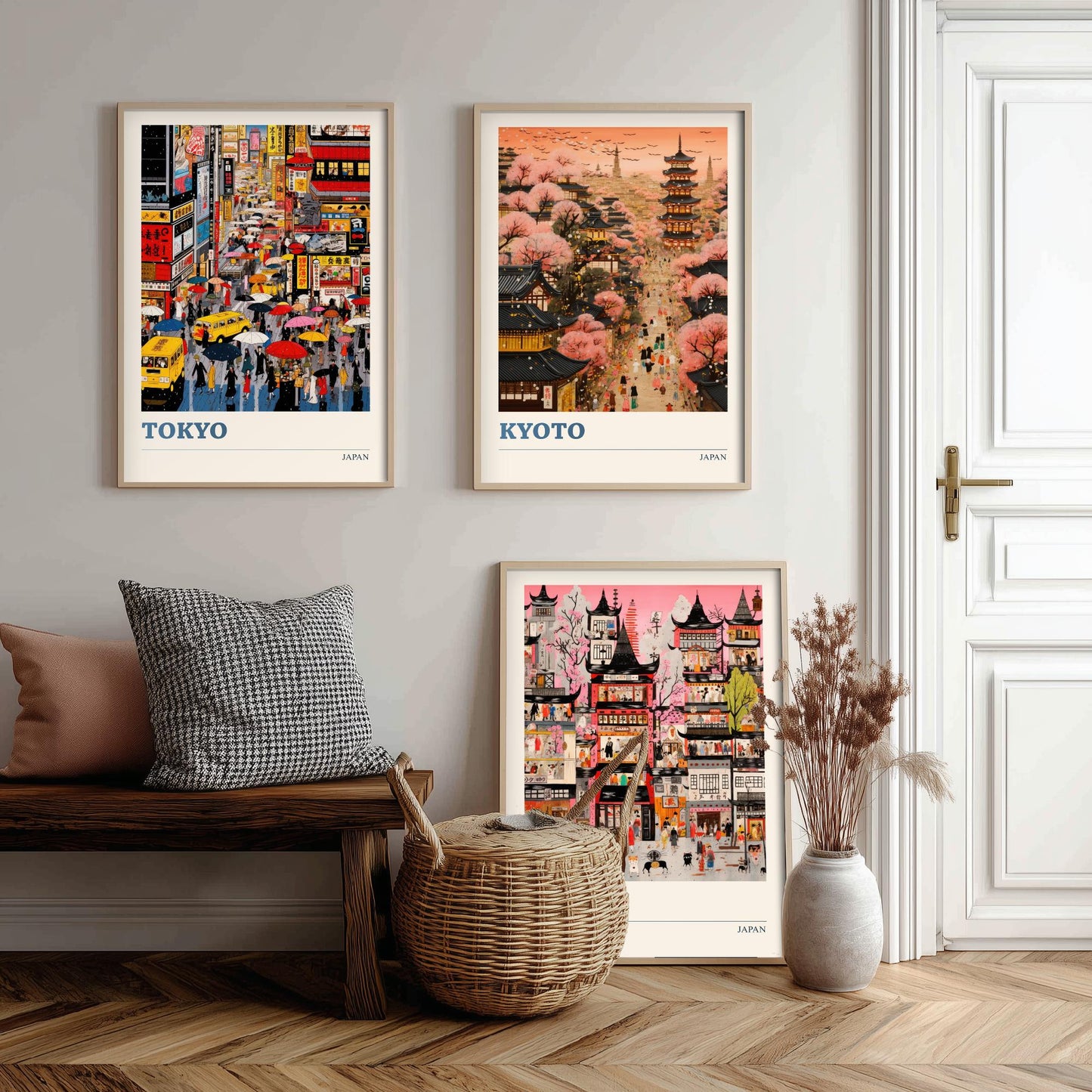 Japan Set of Three Travel Posters - Tokyo, Kyoto, Osaka - Vibrant Japanese Art Print Illustration Gift Cherry Blossom Painting