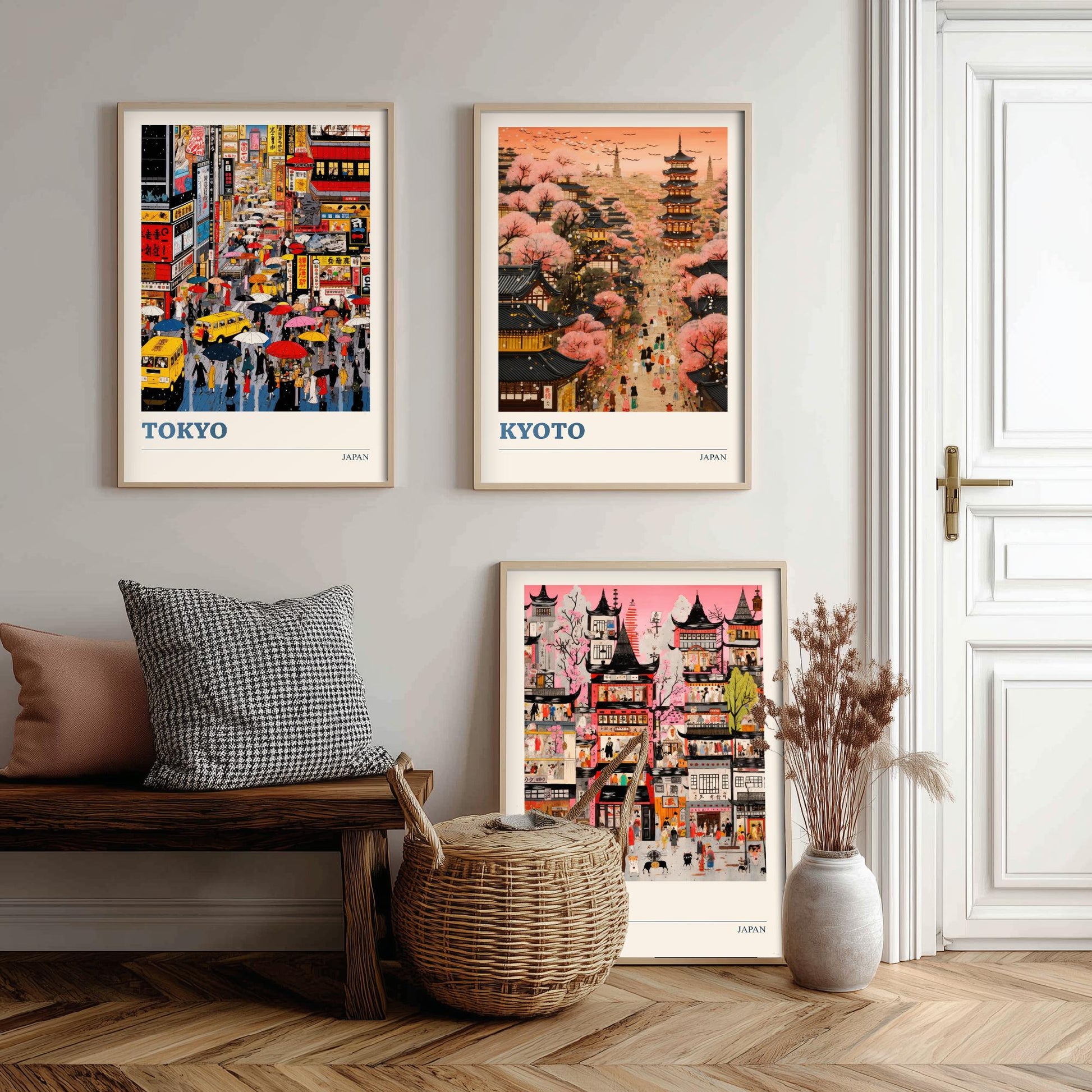 Japan Set of Three Travel Posters - Tokyo, Kyoto, Osaka - Vibrant Japanese Art Print Illustration Gift Cherry Blossom Painting