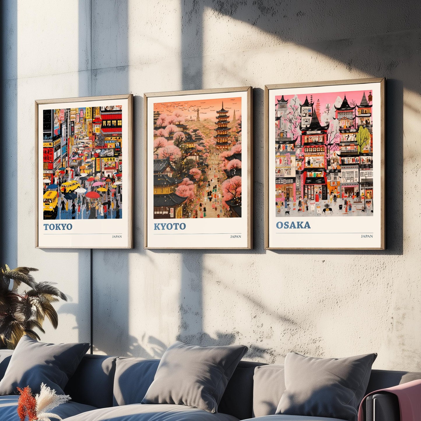 Japan Set of Three Travel Posters - Tokyo, Kyoto, Osaka - Vibrant Japanese Art Print Illustration Gift Cherry Blossom Painting