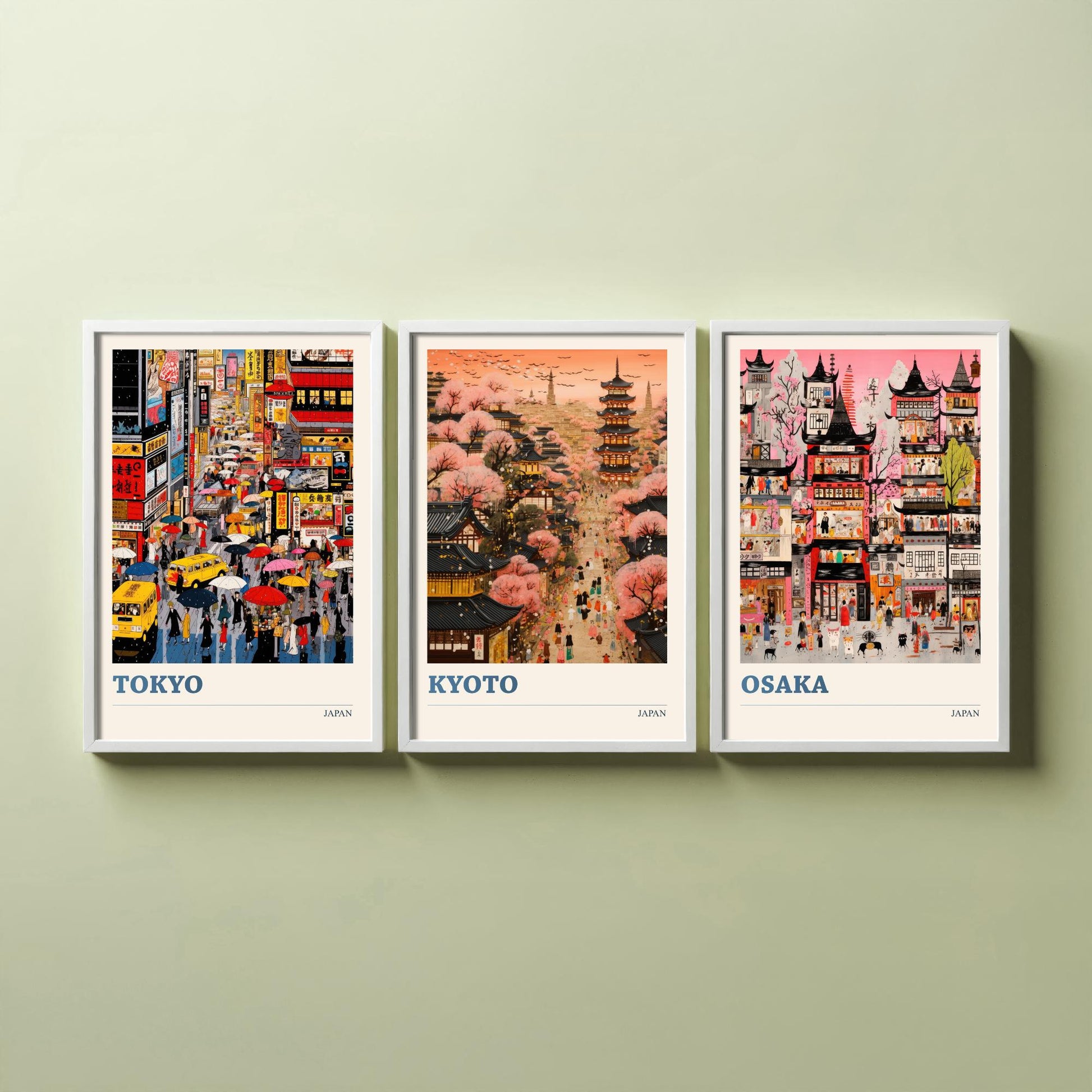 Japan Set of Three Travel Posters - Tokyo, Kyoto, Osaka - Vibrant Japanese Art Print Illustration Gift Cherry Blossom Painting