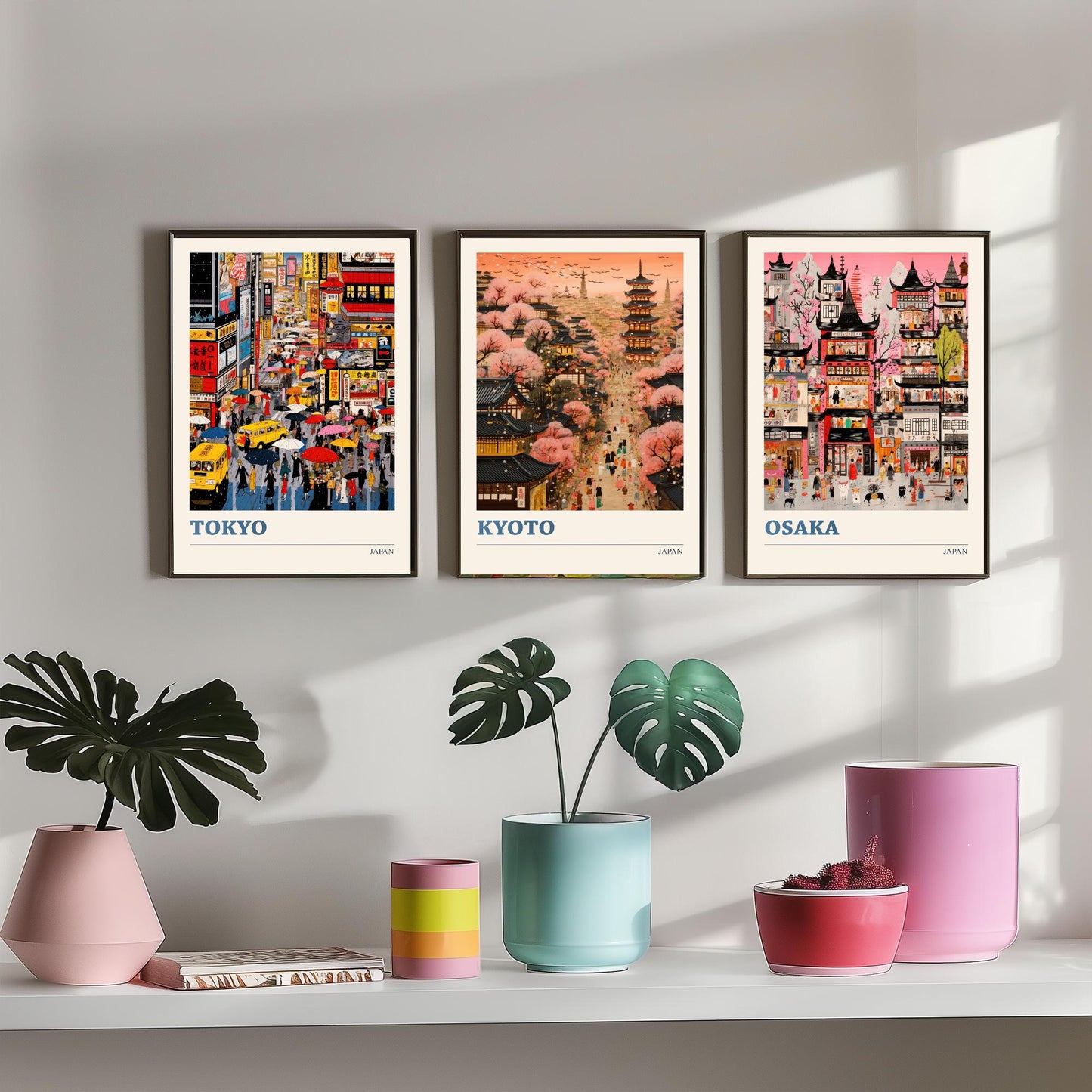 Japan Set of Three Travel Posters - Tokyo, Kyoto, Osaka - Vibrant Japanese Art Print Illustration Gift Cherry Blossom Painting