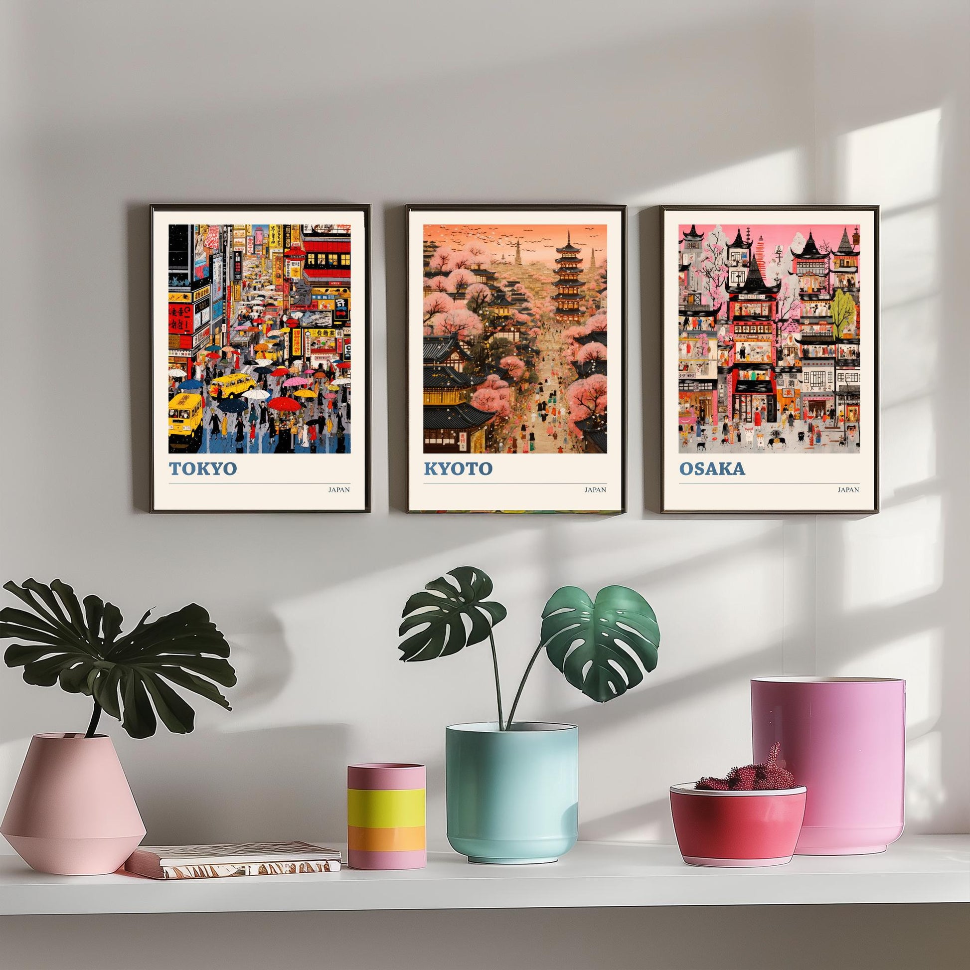 Japan Set of Three Travel Posters - Tokyo, Kyoto, Osaka - Vibrant Japanese Art Print Illustration Gift Cherry Blossom Painting