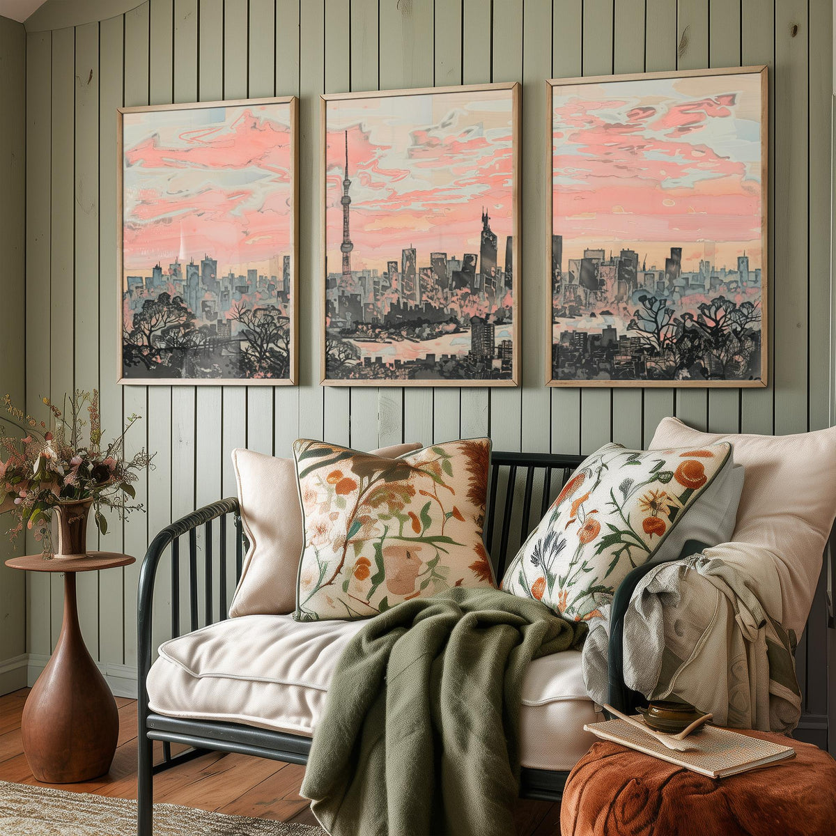 Tokyo Set of Three Art Prints - 3 Skyline Panorama Posters - Pink Grey Japan Painting Wall Art Gift Cityscape Sunset Dreamy Decor Triptych