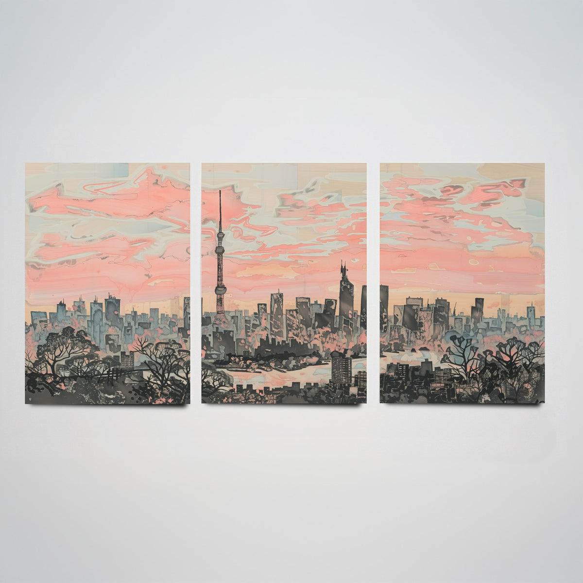 Tokyo Set of Three Art Prints - 3 Skyline Panorama Posters - Pink Grey Japan Painting Wall Art Gift Cityscape Sunset Dreamy Decor Triptych