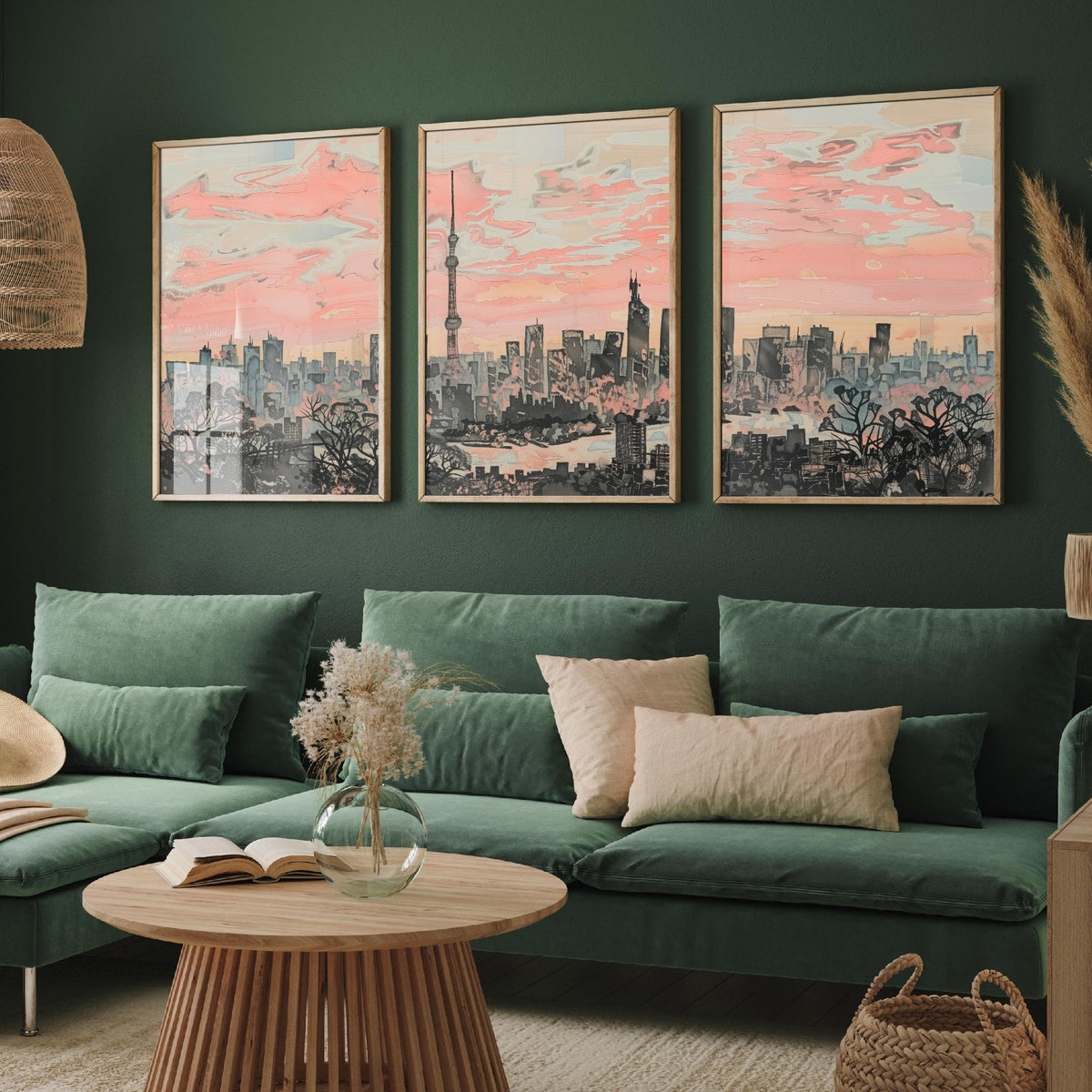 Tokyo Set of Three Art Prints - 3 Skyline Panorama Posters - Pink Grey Japan Painting Wall Art Gift Cityscape Sunset Dreamy Decor Triptych