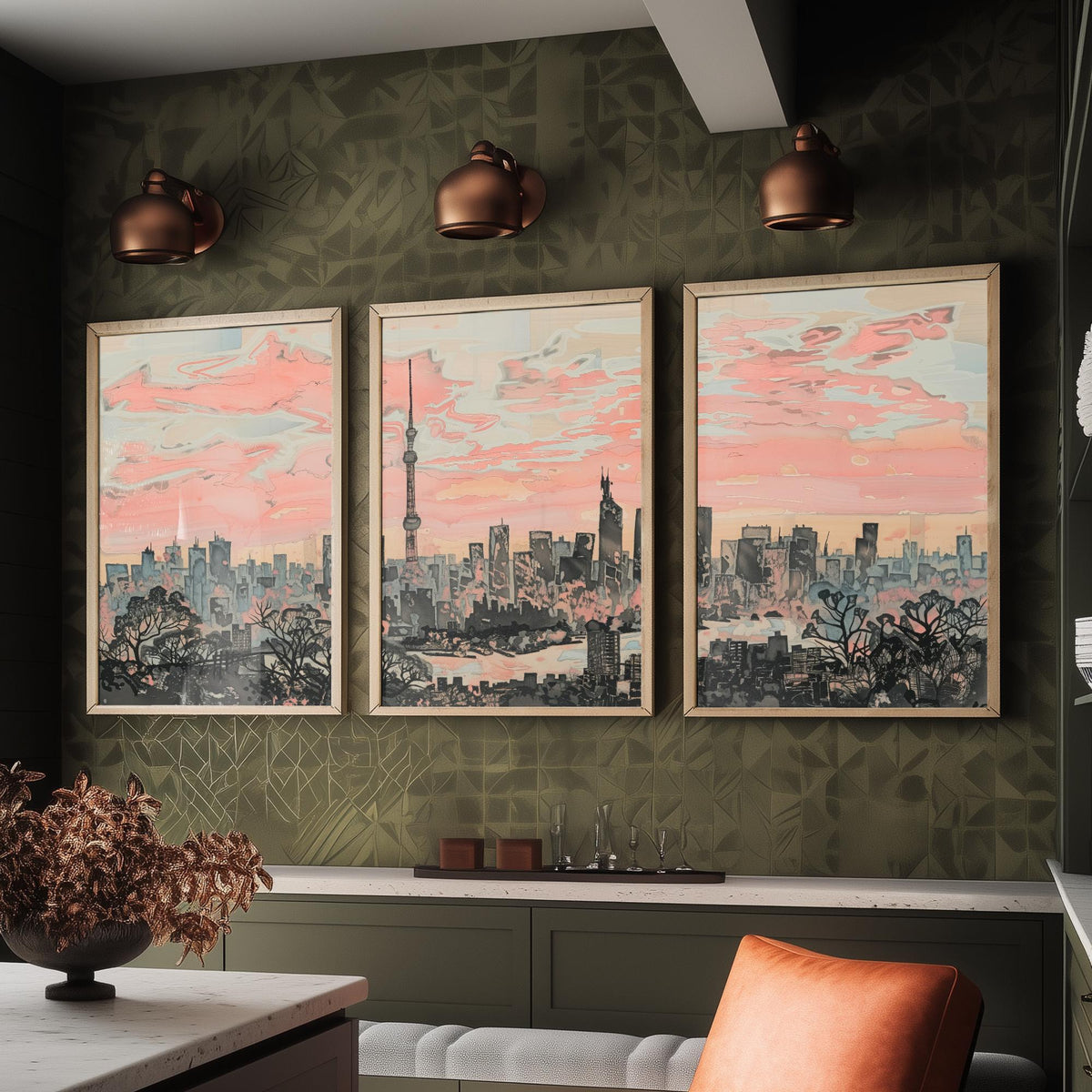 Tokyo Set of Three Art Prints - 3 Skyline Panorama Posters - Pink Grey Japan Painting Wall Art Gift Cityscape Sunset Dreamy Decor Triptych