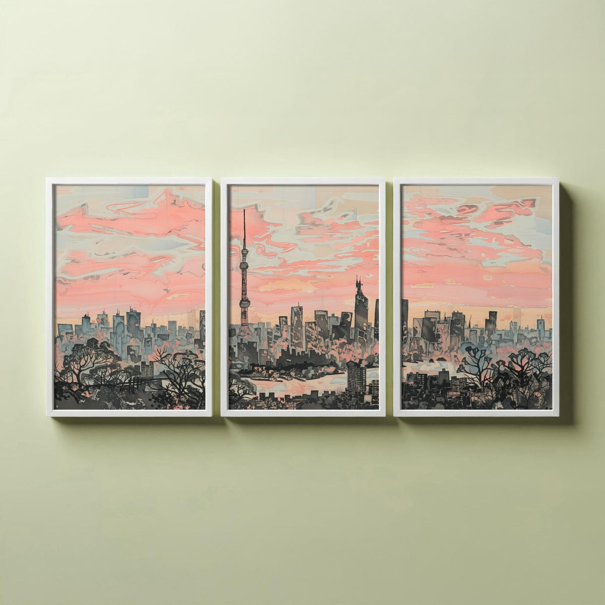 Tokyo Set of Three Art Prints - 3 Skyline Panorama Posters - Pink Grey Japan Painting Wall Art Gift Cityscape Sunset Dreamy Decor Triptych