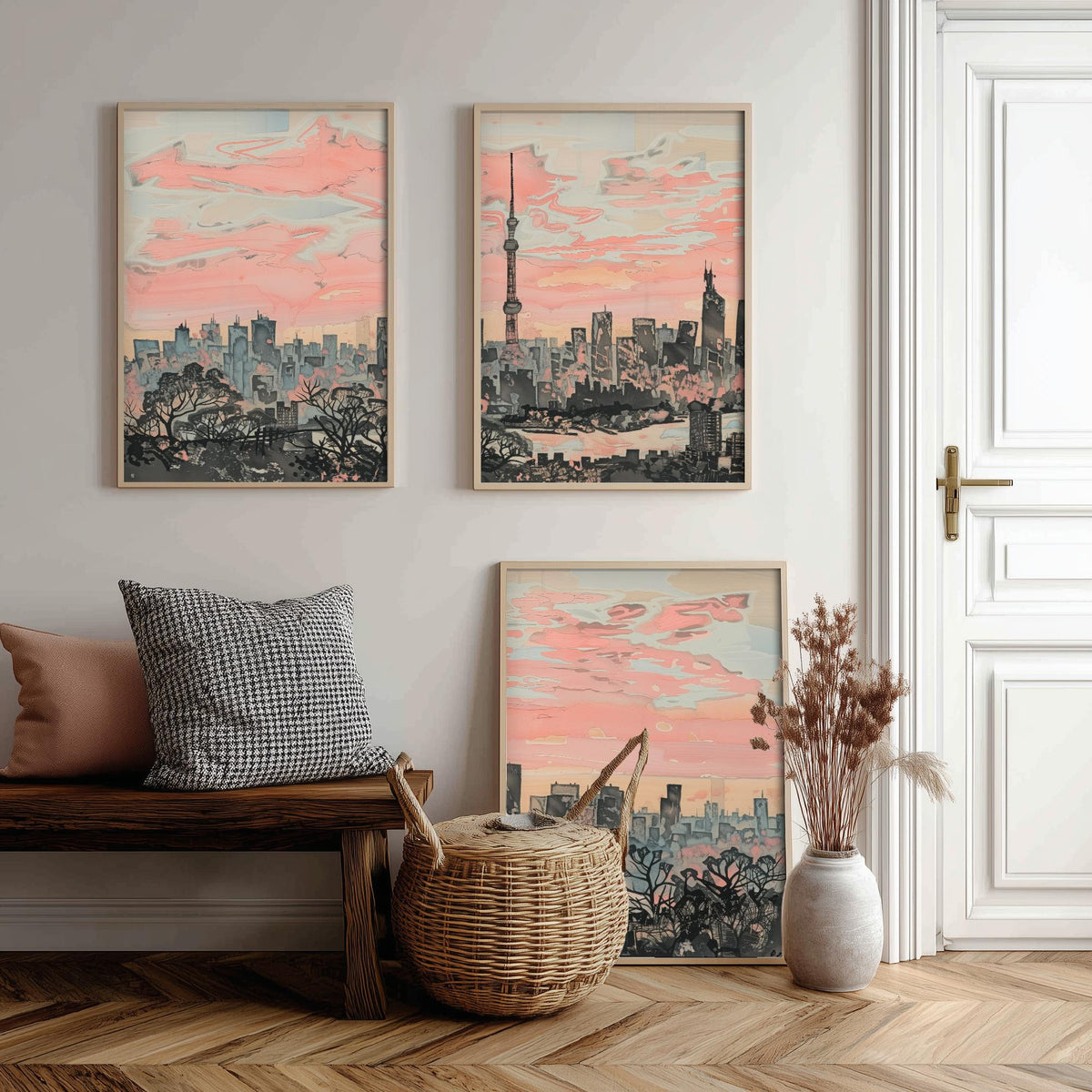 Tokyo Set of Three Art Prints - 3 Skyline Panorama Posters - Pink Grey Japan Painting Wall Art Gift Cityscape Sunset Dreamy Decor Triptych