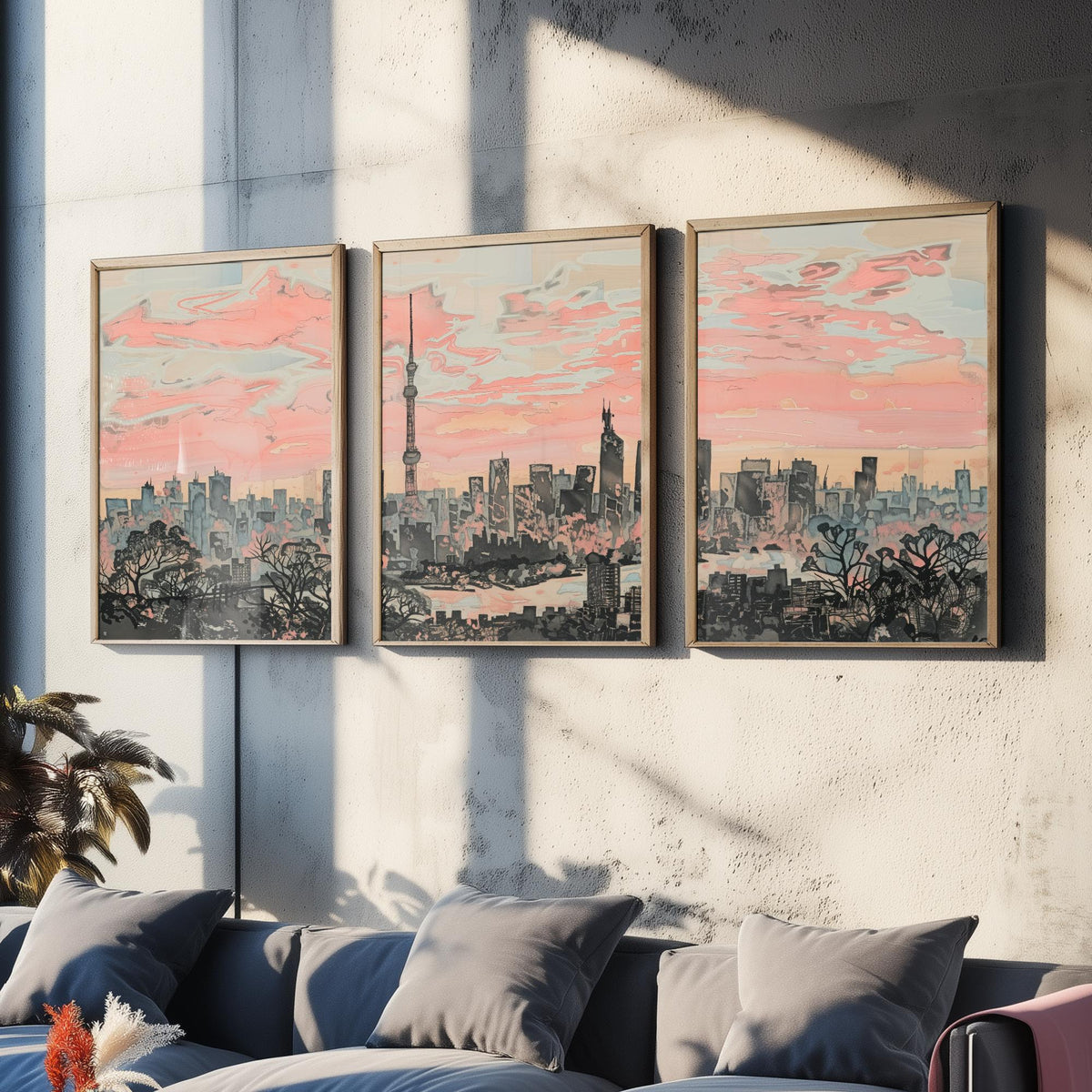 Tokyo Set of Three Art Prints - 3 Skyline Panorama Posters - Pink Grey Japan Painting Wall Art Gift Cityscape Sunset Dreamy Decor Triptych