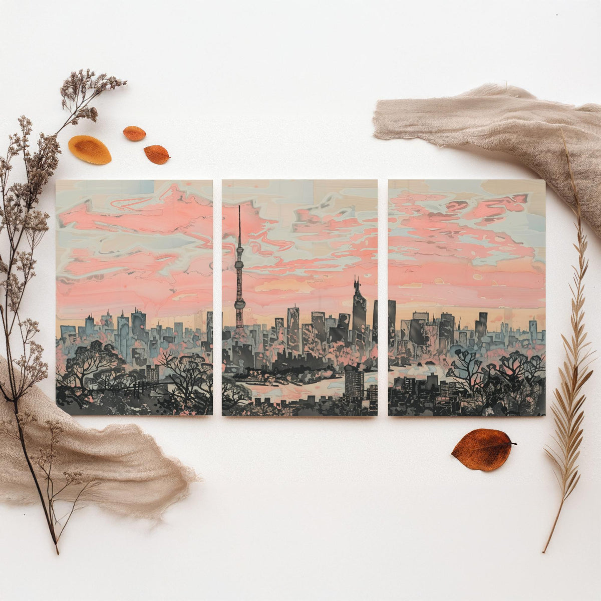 Tokyo Set of Three Art Prints - 3 Skyline Panorama Posters - Pink Grey Japan Painting Wall Art Gift Cityscape Sunset Dreamy Decor Triptych