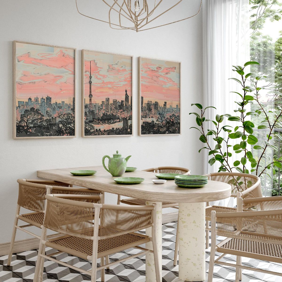 Tokyo Set of Three Art Prints - 3 Skyline Panorama Posters - Pink Grey Japan Painting Wall Art Gift Cityscape Sunset Dreamy Decor Triptych