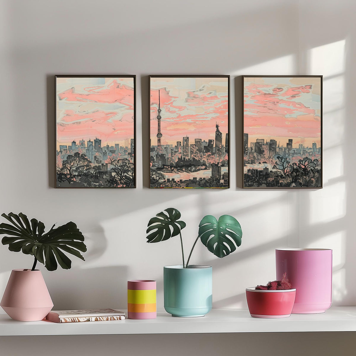 Tokyo Set of Three Art Prints - 3 Skyline Panorama Posters - Pink Grey Japan Painting Wall Art Gift Cityscape Sunset Dreamy Decor Triptych