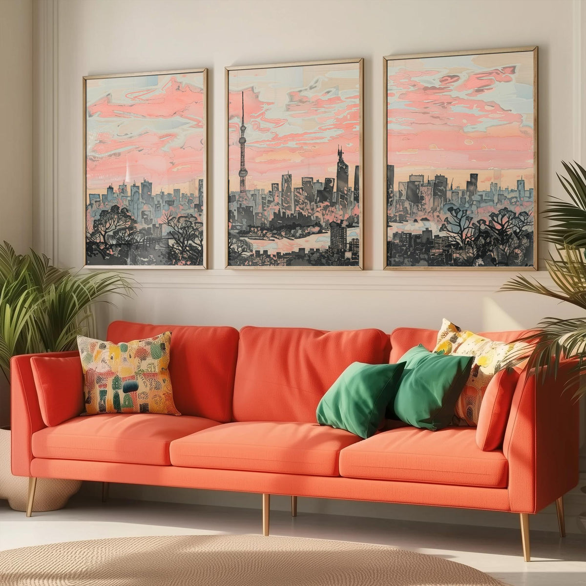 Tokyo Set of Three Art Prints - 3 Skyline Panorama Posters - Pink Grey Japan Painting Wall Art Gift Cityscape Sunset Dreamy Decor Triptych