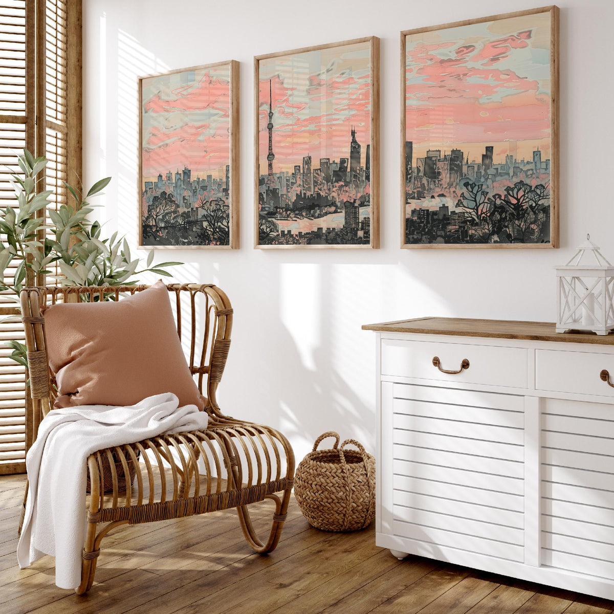 Tokyo Set of Three Art Prints - 3 Skyline Panorama Posters - Pink Grey Japan Painting Wall Art Gift Cityscape Sunset Dreamy Decor Triptych