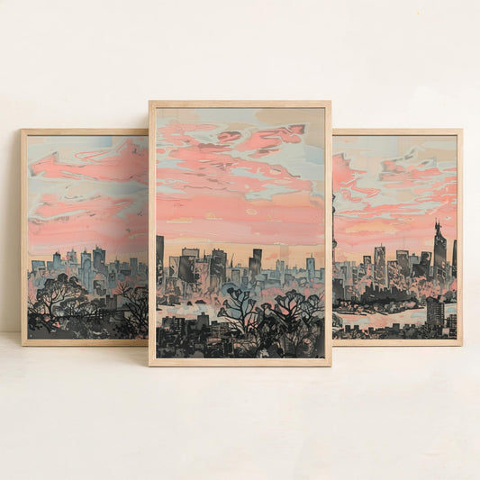 Tokyo Set of Three Art Prints - 3 Skyline Panorama Posters - Pink Grey Japan Painting Wall Art Gift Cityscape Sunset Dreamy Decor Triptych