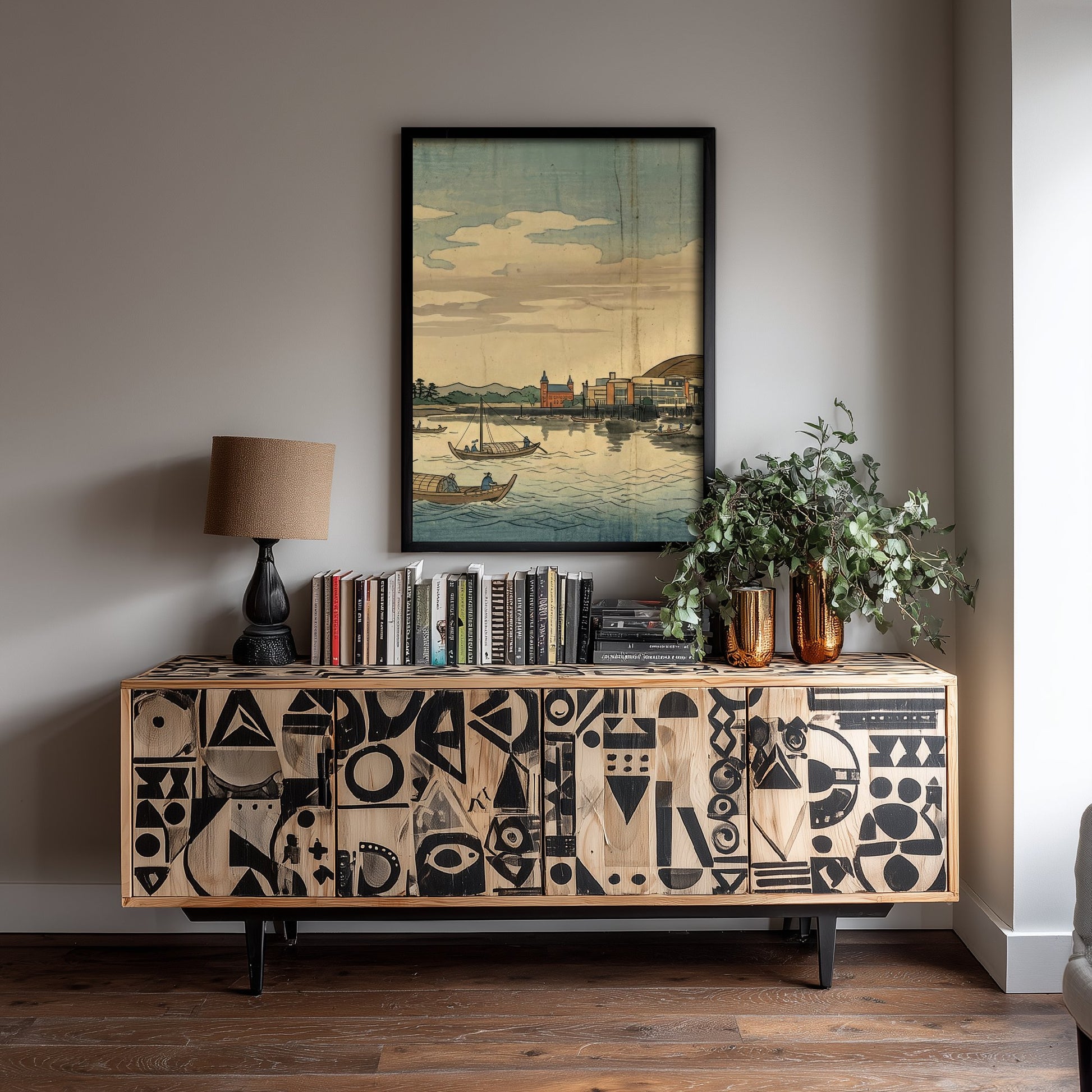 Cardiff Bay Travel Poster - Japanese Woodblock Art Print - Ukiyo-e Skyline Illustration - Welsh Cityscape Panel 1/3