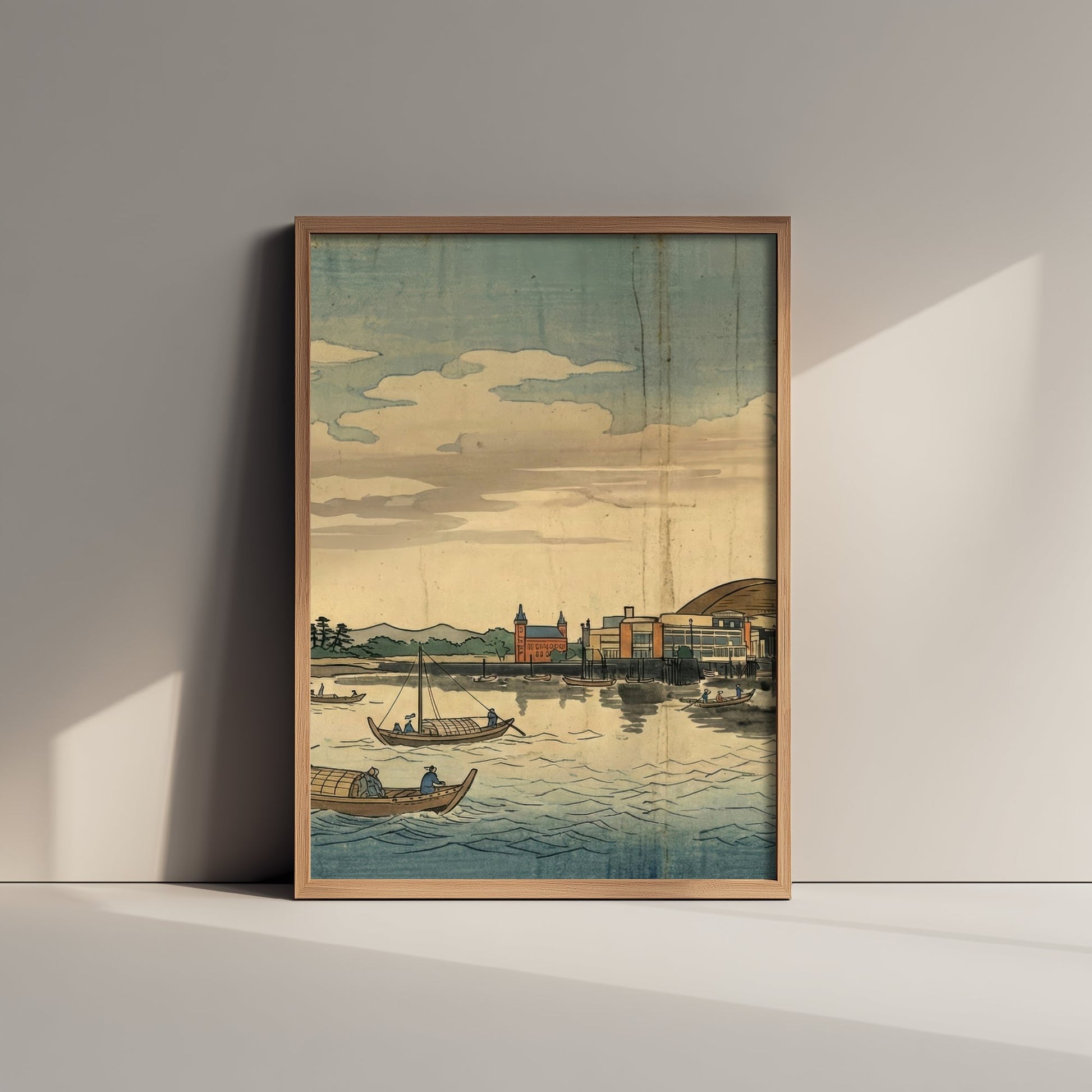Cardiff Bay Travel Poster - Japanese Woodblock Art Print - Ukiyo-e Skyline Illustration - Welsh Cityscape Panel 1/3