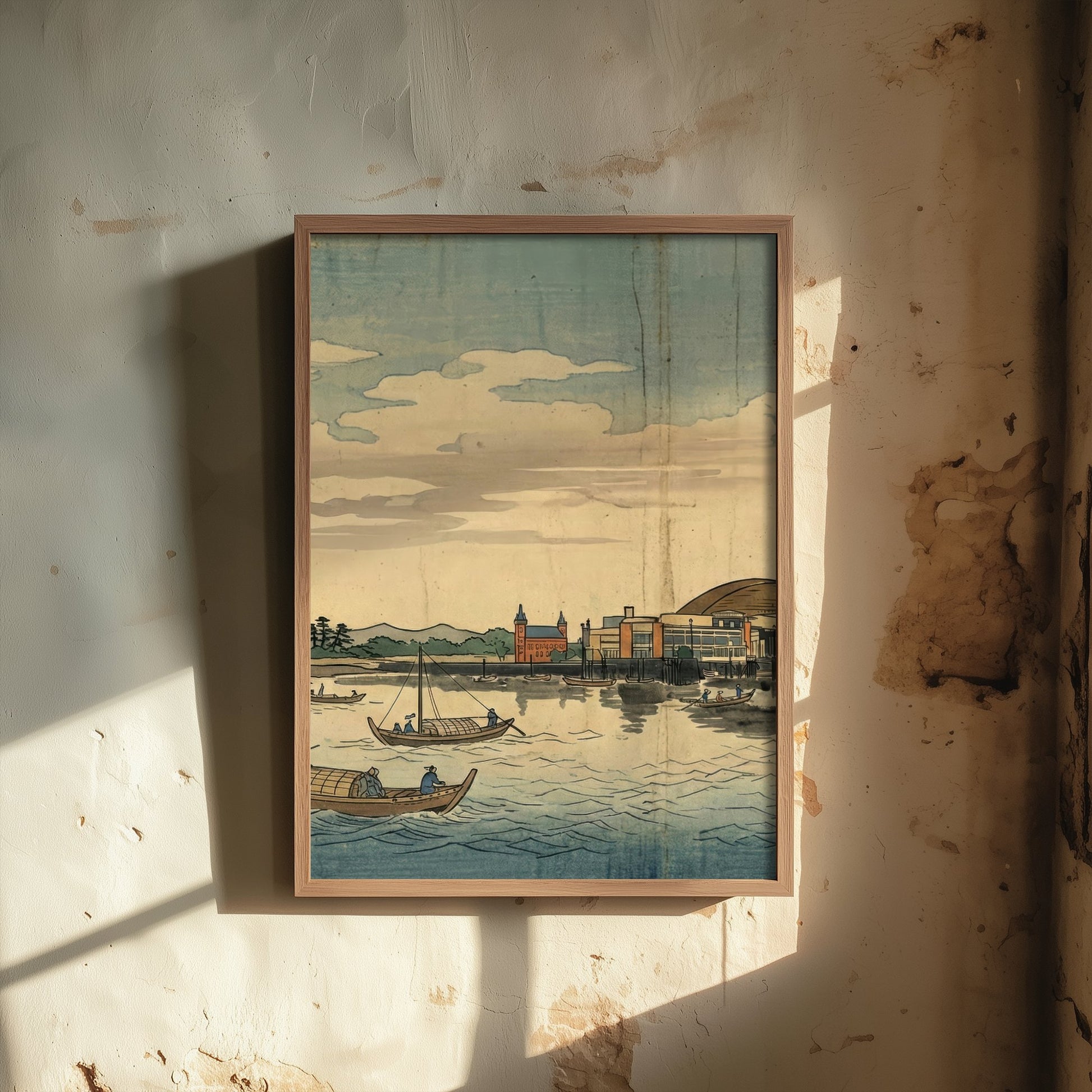 Cardiff Bay Travel Poster - Japanese Woodblock Art Print - Ukiyo-e Skyline Illustration - Welsh Cityscape Panel 1/3