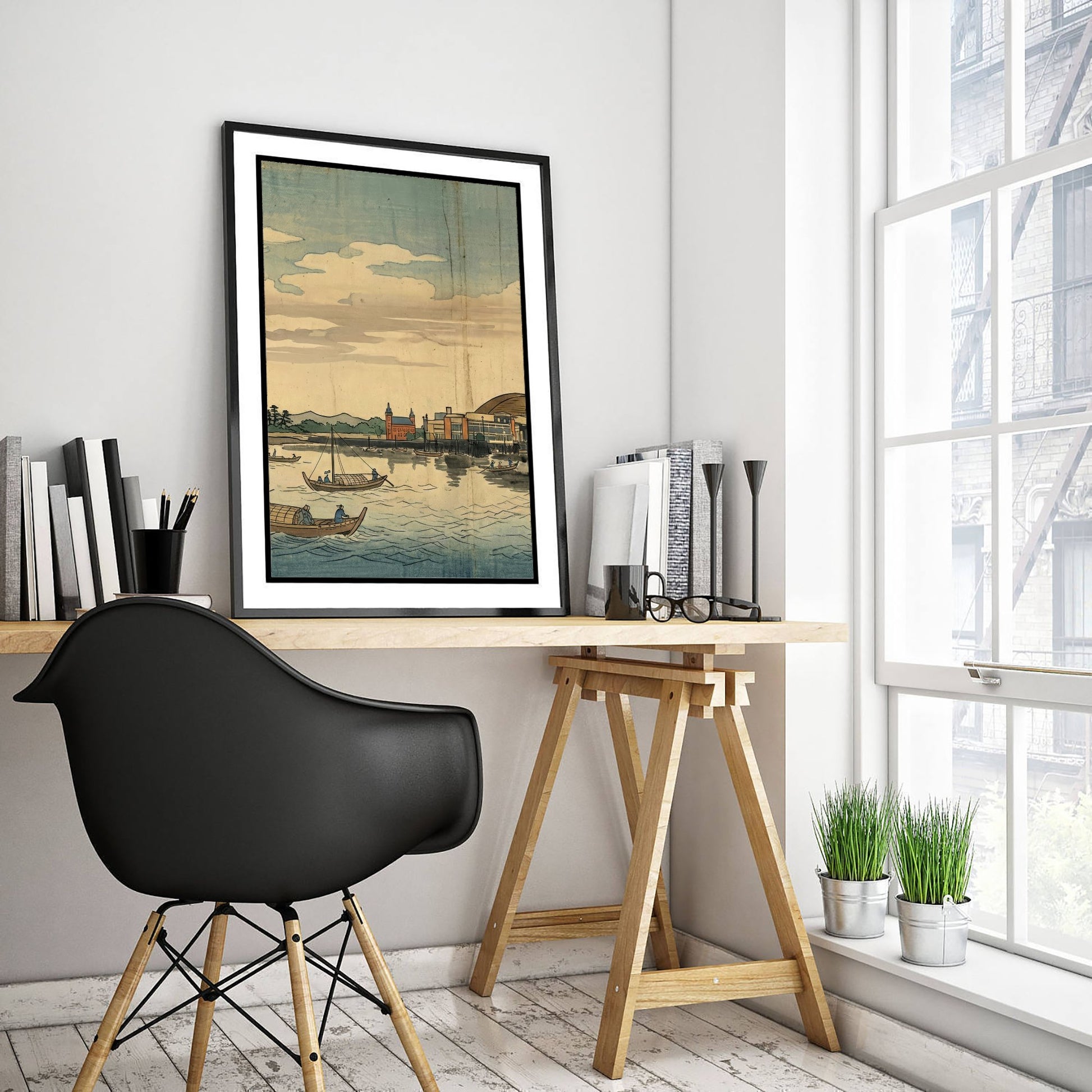 Cardiff Bay Travel Poster - Japanese Woodblock Art Print - Ukiyo-e Skyline Illustration - Welsh Cityscape Panel 1/3