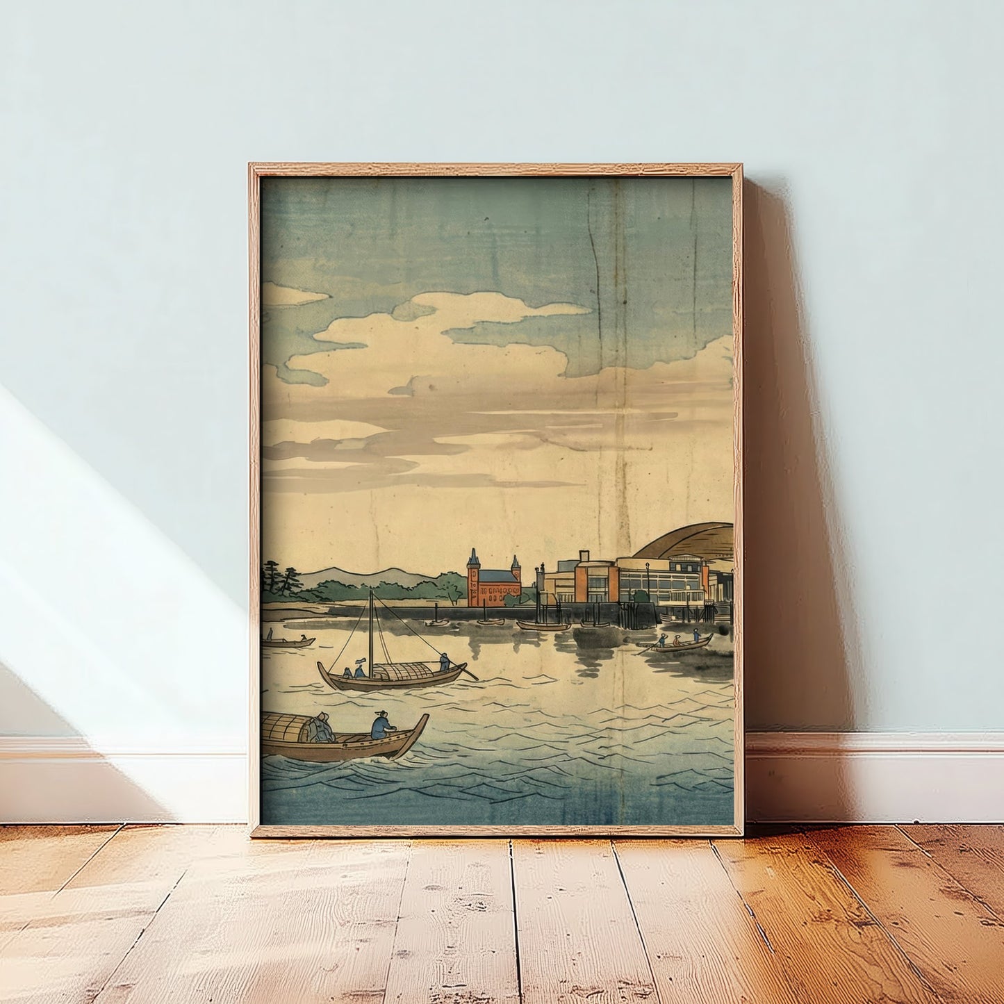 Cardiff Bay Travel Poster - Japanese Woodblock Art Print - Ukiyo-e Skyline Illustration - Welsh Cityscape Panel 1/3